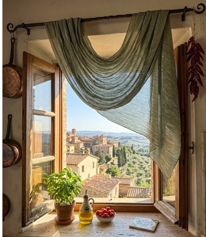 Window Scarf In A Crinkled Metallic Polyester Fabric On A Linear Pattern 60”x72”