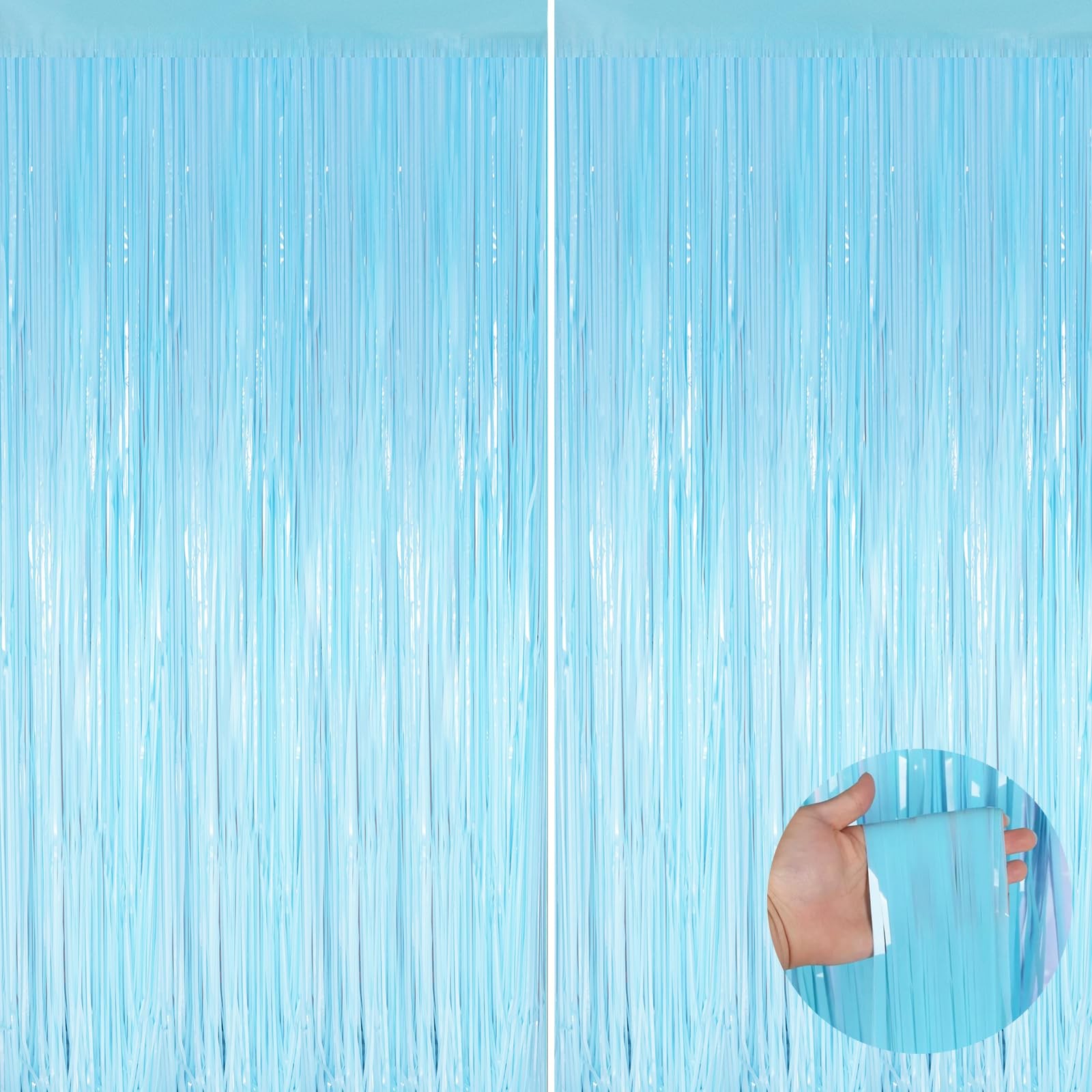 2 PCS 3.3×8.3 Ft Macaron Light Blue Metallic Tinsel Foil Fringe Curtains