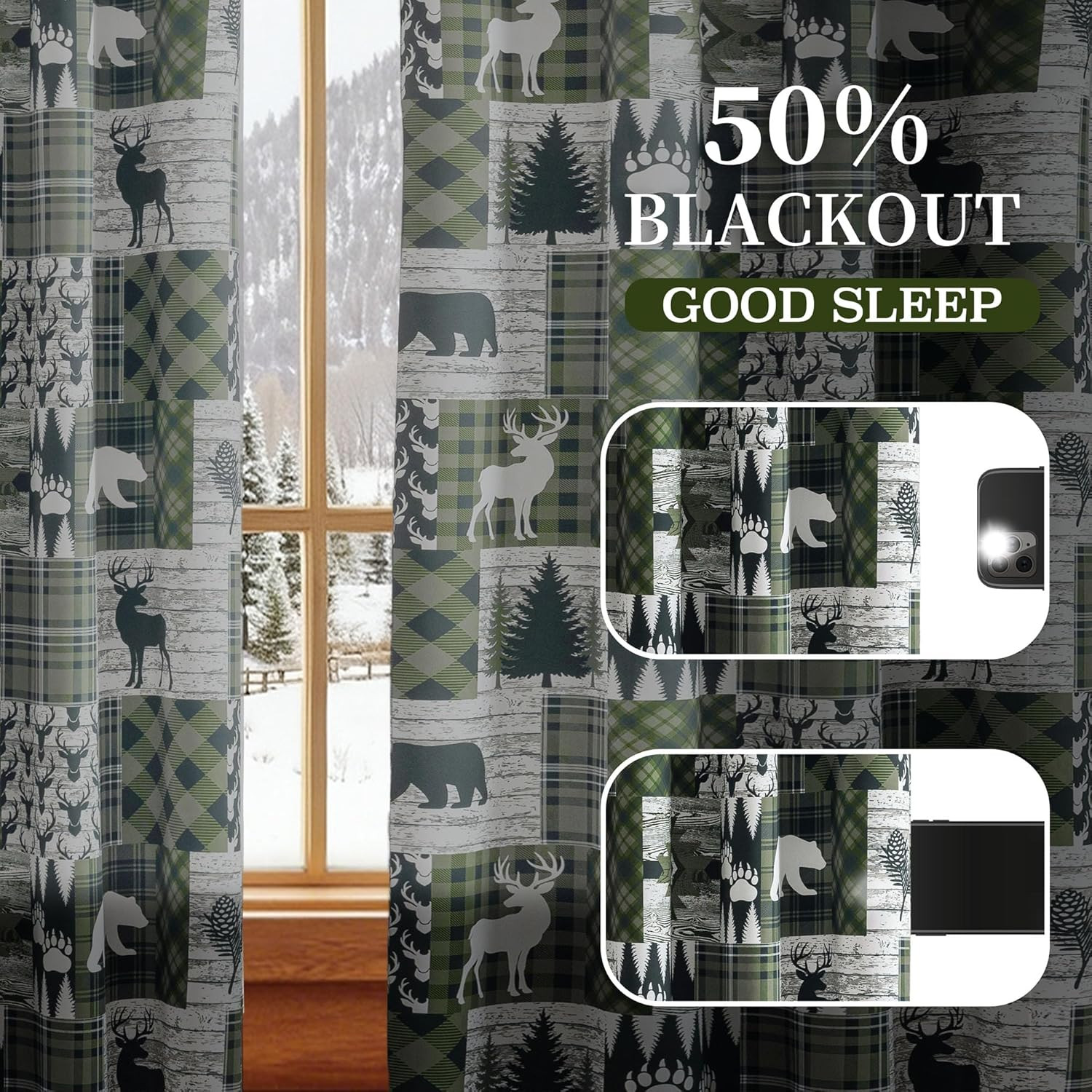 Dark Green Rustic Cabin Curtains 2 Panels Country Curtain 50% Light Blocking Dar