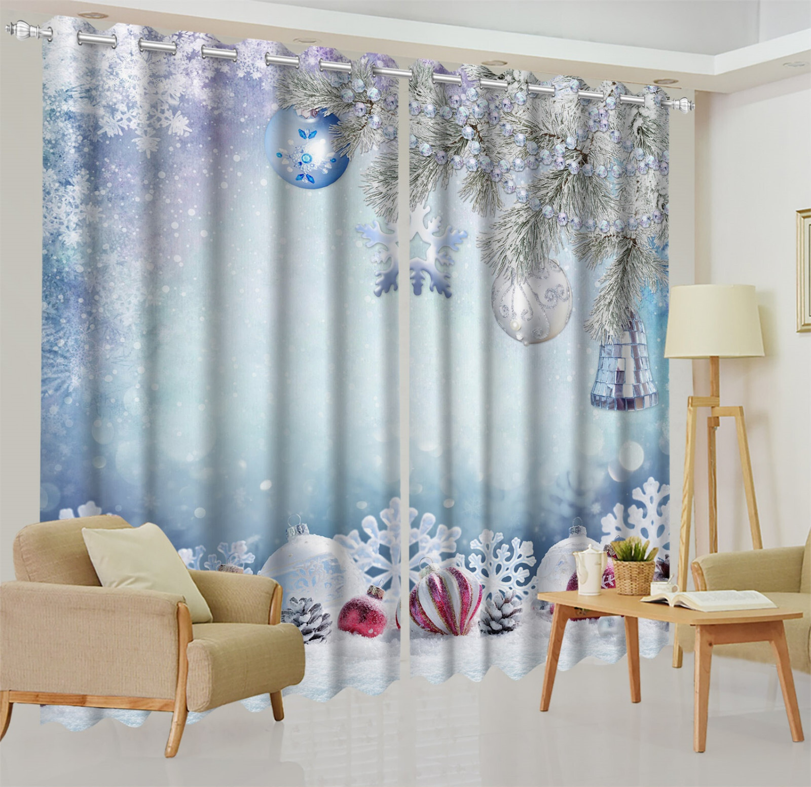 Light Ball Snow Winter Forest 3D 2 Panels Window Curtains Blockout Drapes Fabric