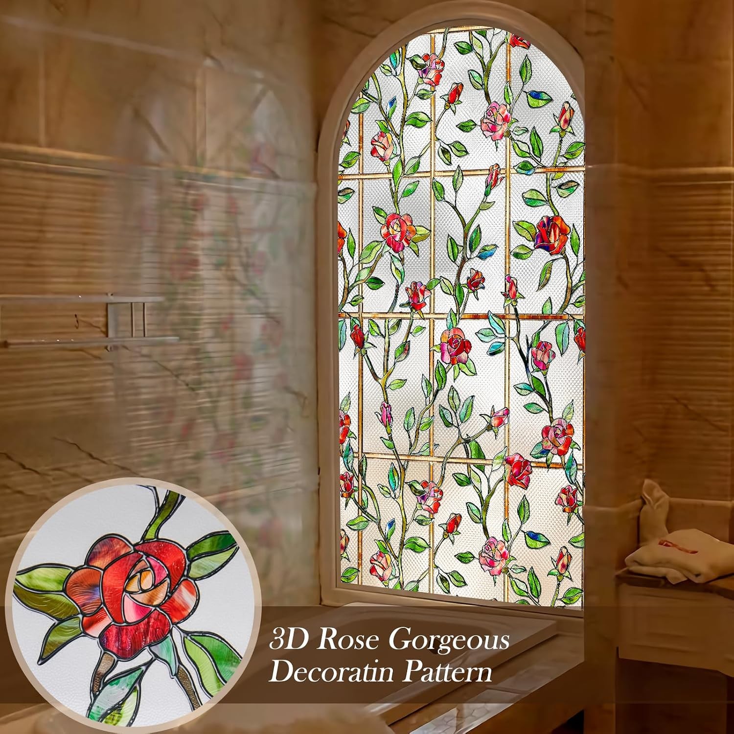 3D Rose Floral Decorative Window Covering, Light Diffusing Privacy Static Cling