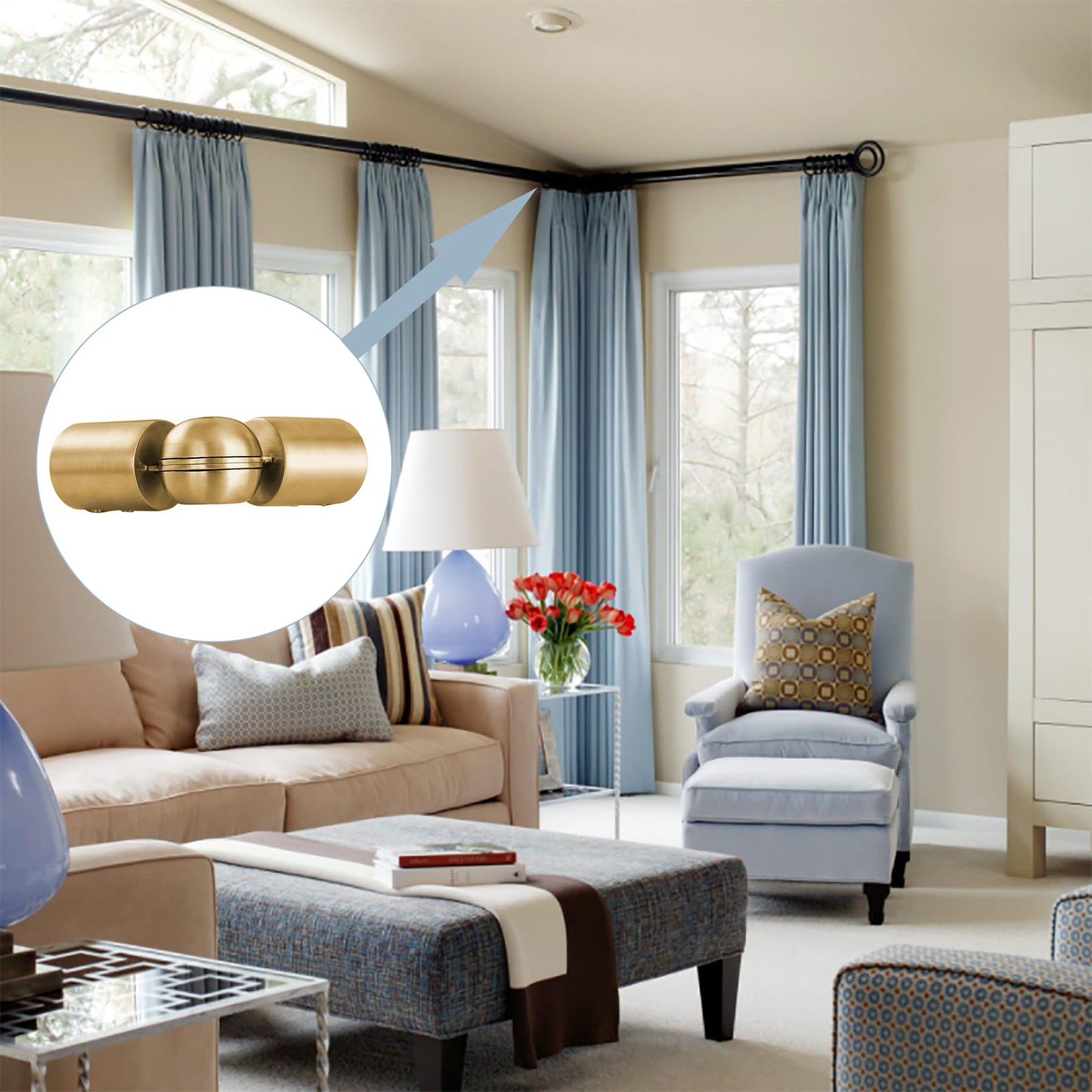 Window Corner Curtain Rod Connector Set of 2 Adjustable Curtains Rods Connect…