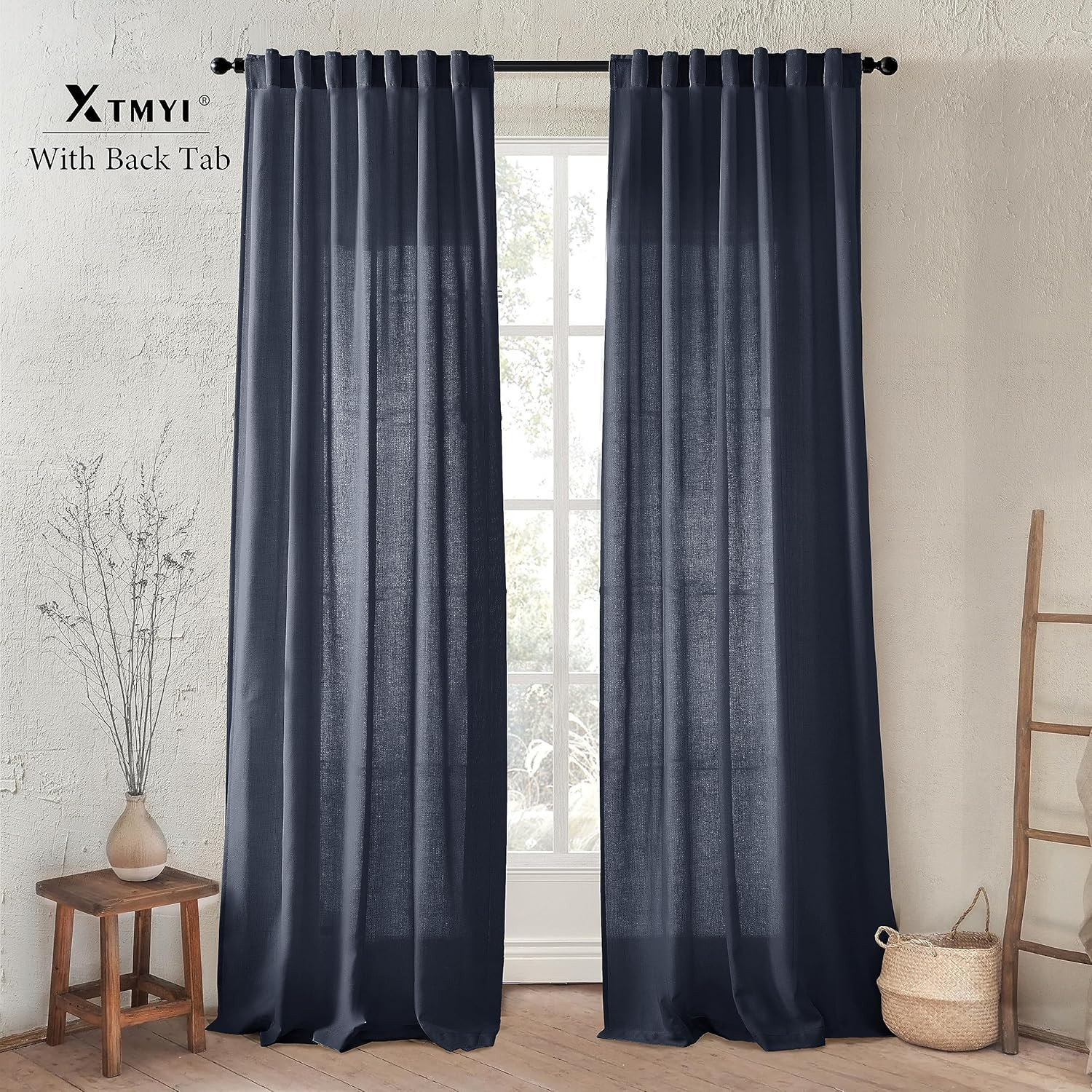 Indigo Blue Curtains 108 Inches Long for Living Room 2 Panels Set Back Tab Hook