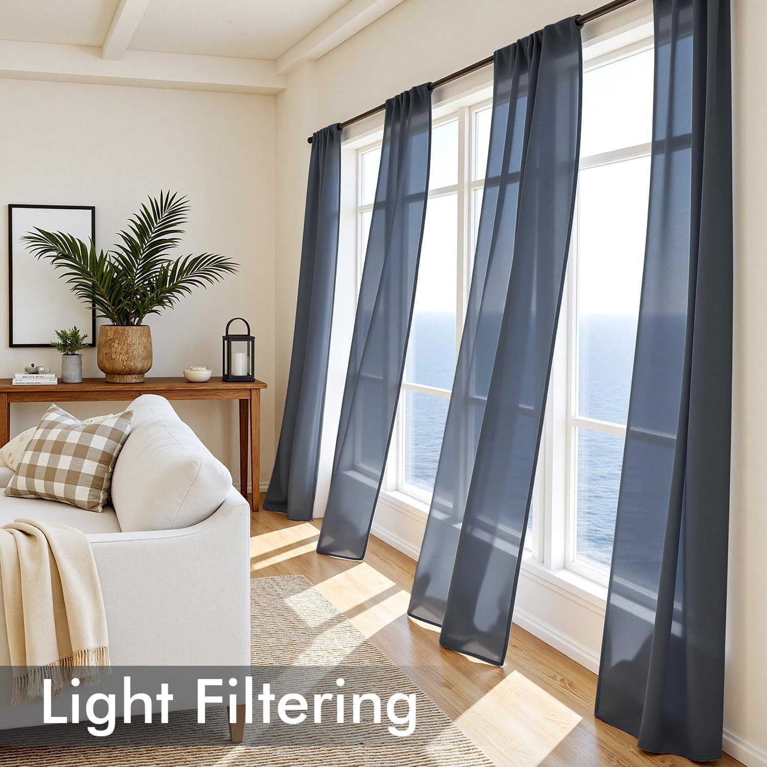 Navy Blue Sheer Curtains 84 Inches Long, 4 Panels Set, Light Filtering Rod Pocke