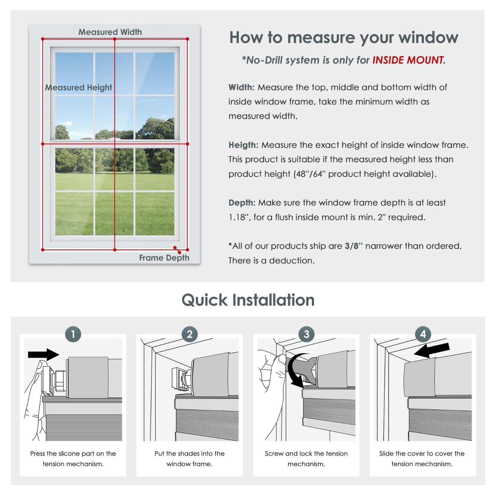 LazBlinds Cordless Cellular Shades, No Drill Light Filtering Honeycomb 36″ x 64″