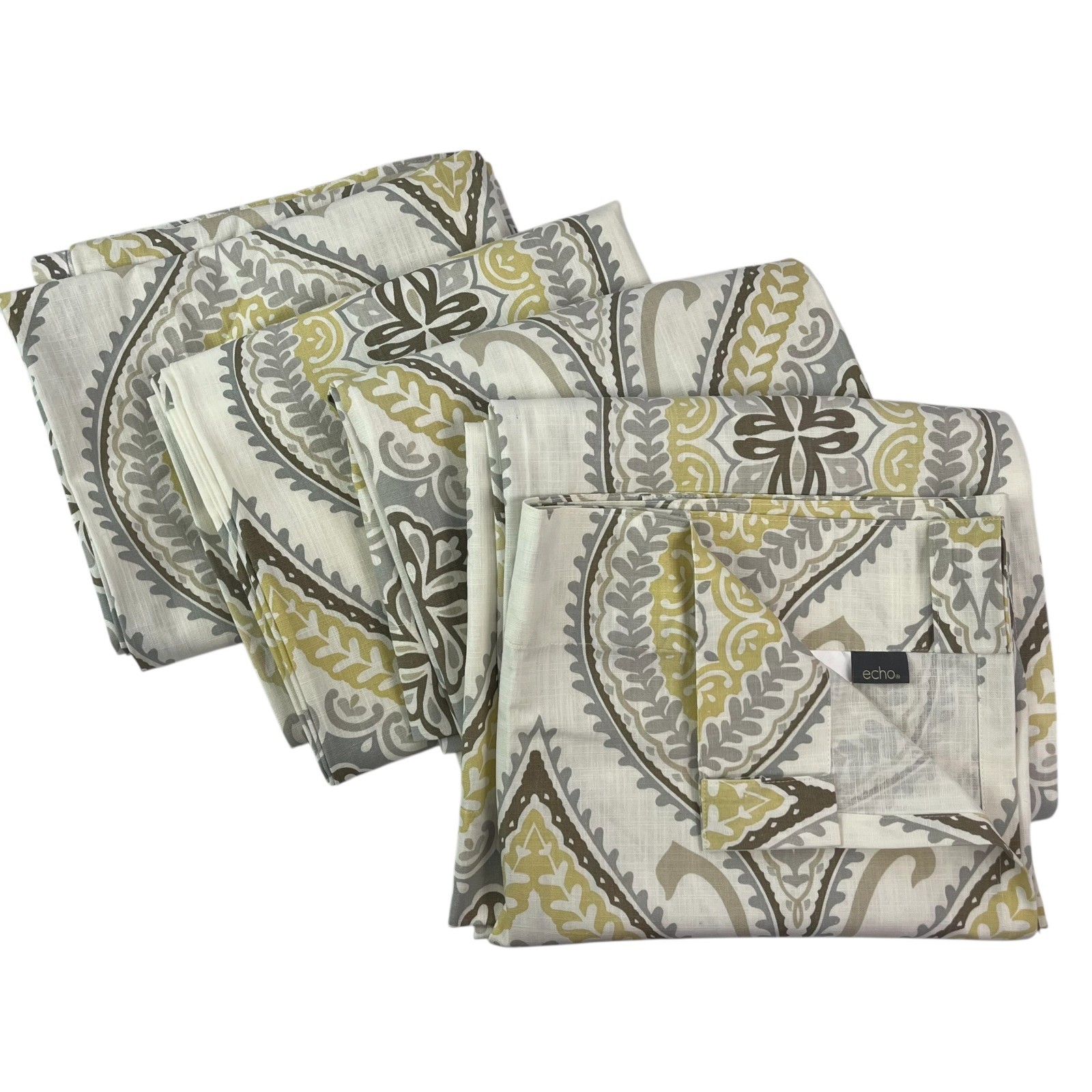 ECHO Lot of 4 Unlined Curtain Panels Rod Pocket Yellow Gray Paisley 50 x 84 Each