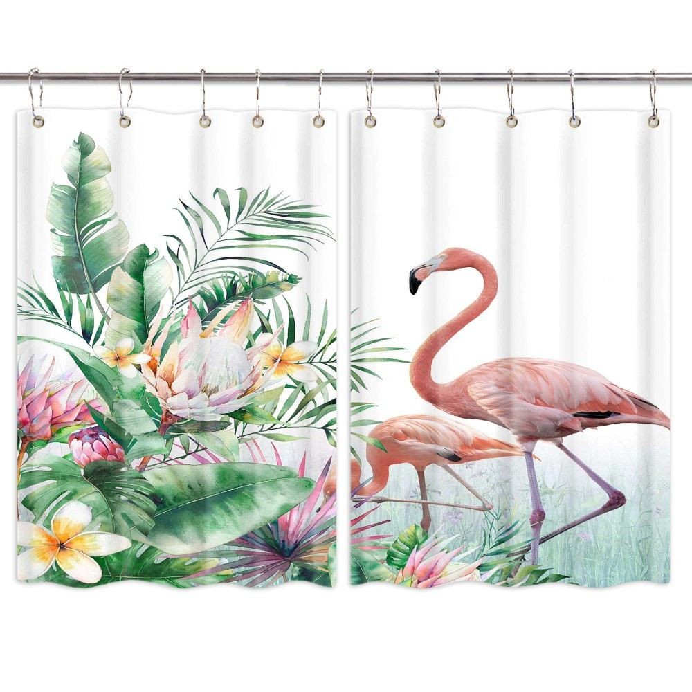 Tropical Leaf Flower Flamingo Kitchen Curtains Window Drapes 2 Panel Set W Hooks