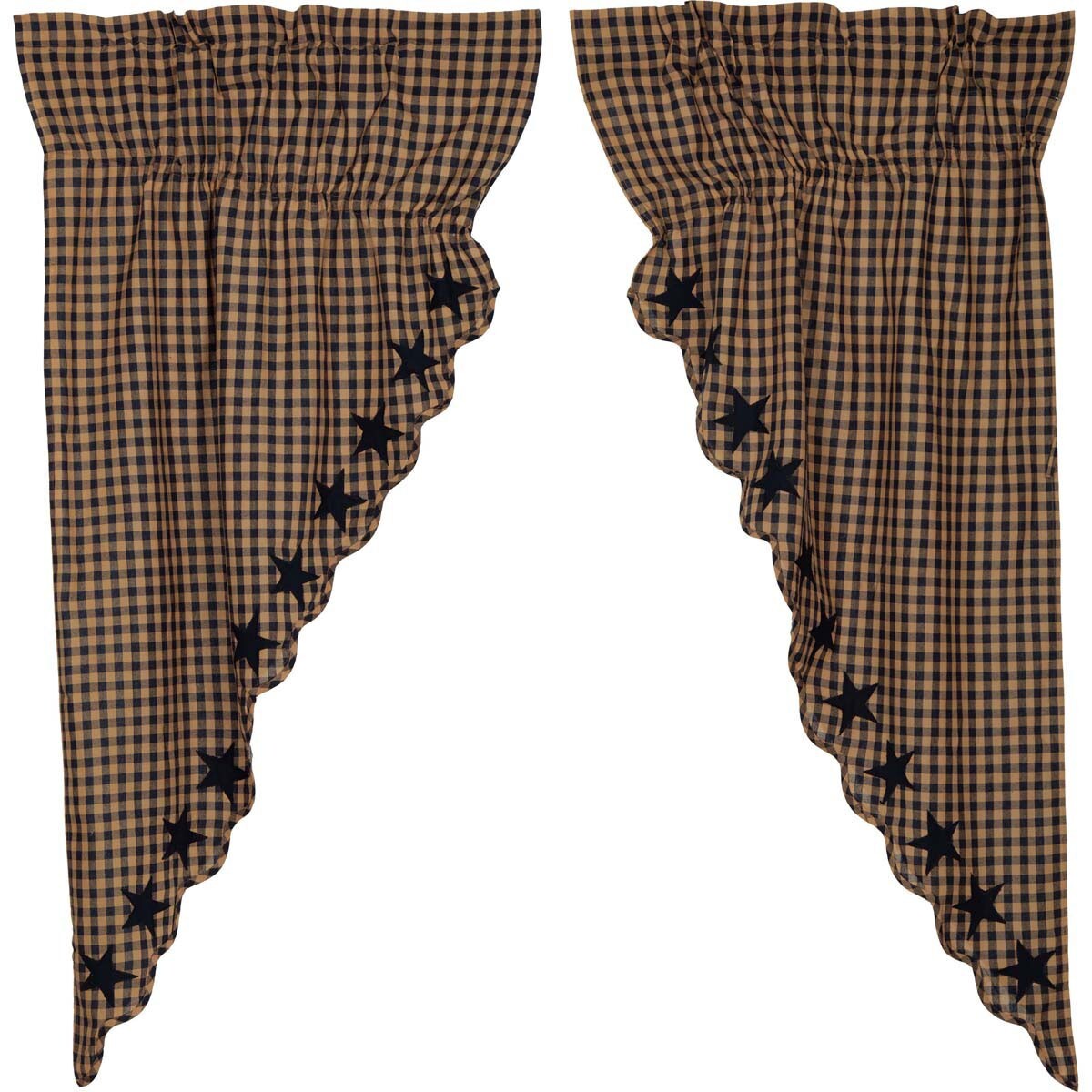 Prairie Curtain Navy Tan Check Applique Gathered Swag 63 inch Victorian Heart