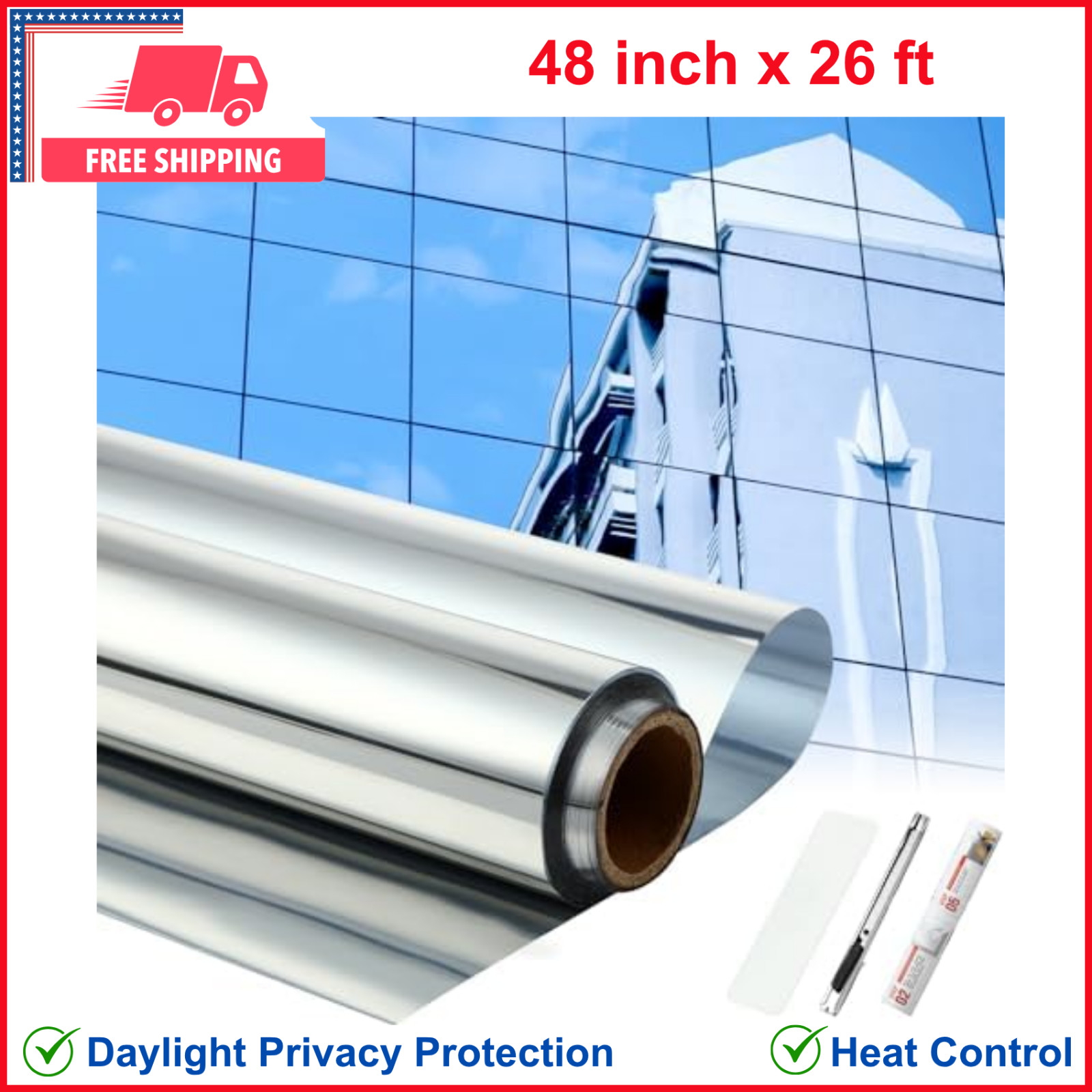 48 Inch X 26 Ft One Way Window Tint Privacy Reflective Daytime Mirror Film Sun