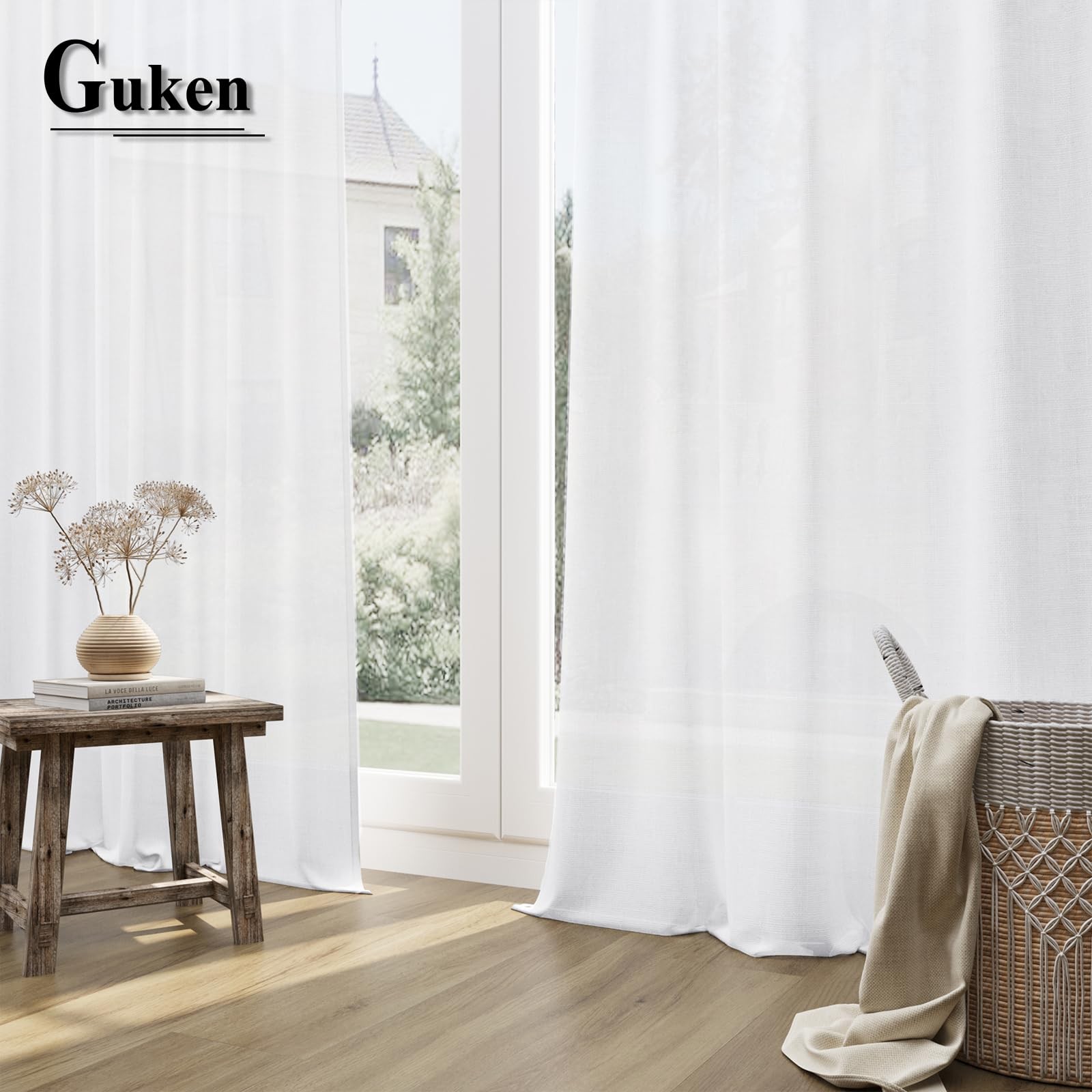 Guken White Linen Extra Long Curtains 168 Inches Long High Living Room Back Tab