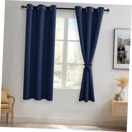 Blackout Curtains with Tiebacks – Thermal 42″W x 63″L (Pack of 2) Navy Blue