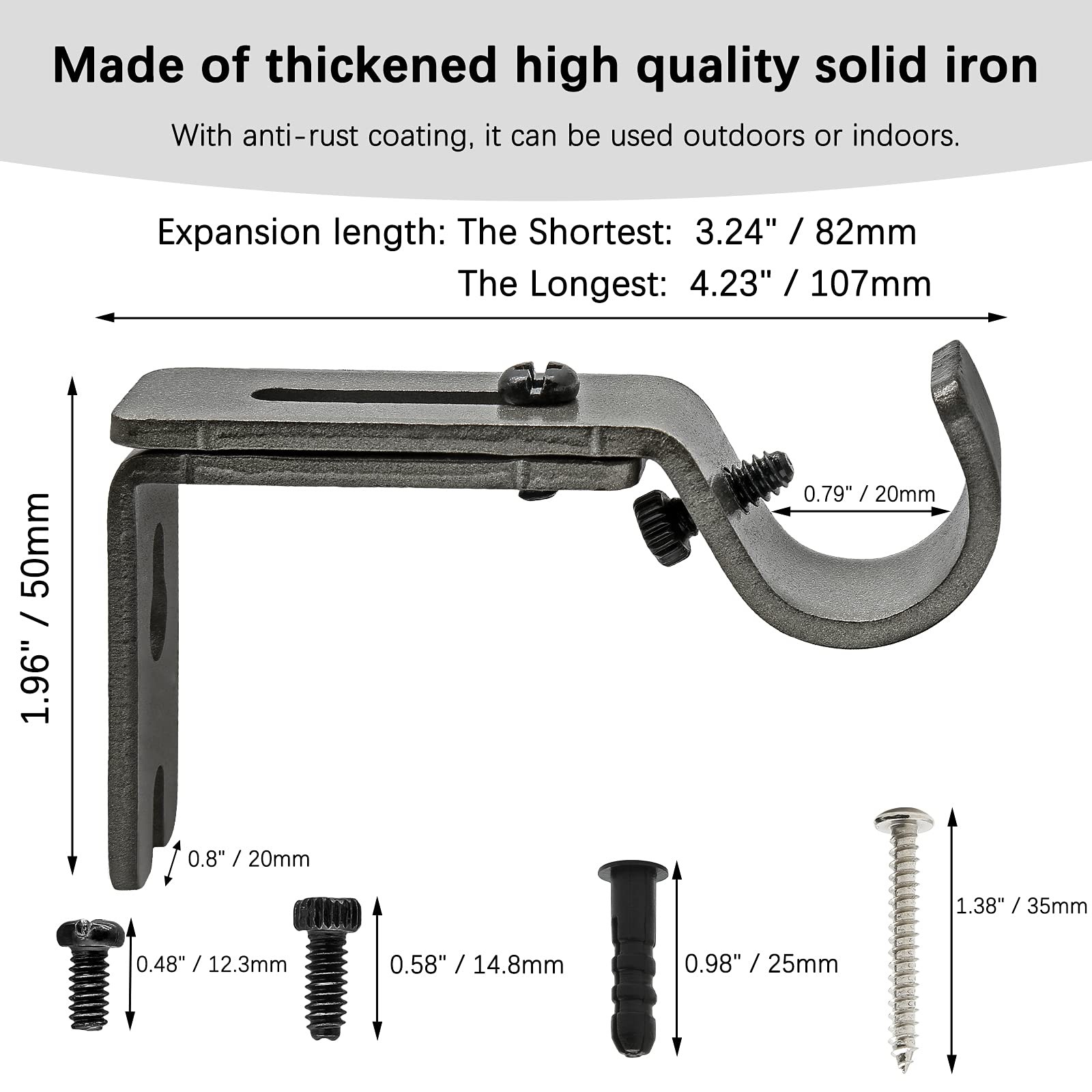 4 PCS Silver Gray Heavy Duty Adjustable Curtain Rod Brackets 5/8 to 3/4 Inch