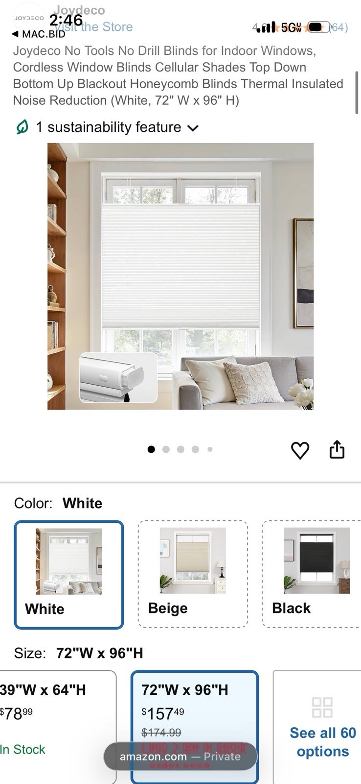 Joydeco Indoor Windows, Cordless Window Blinds White, 72″ W x 96″ H)