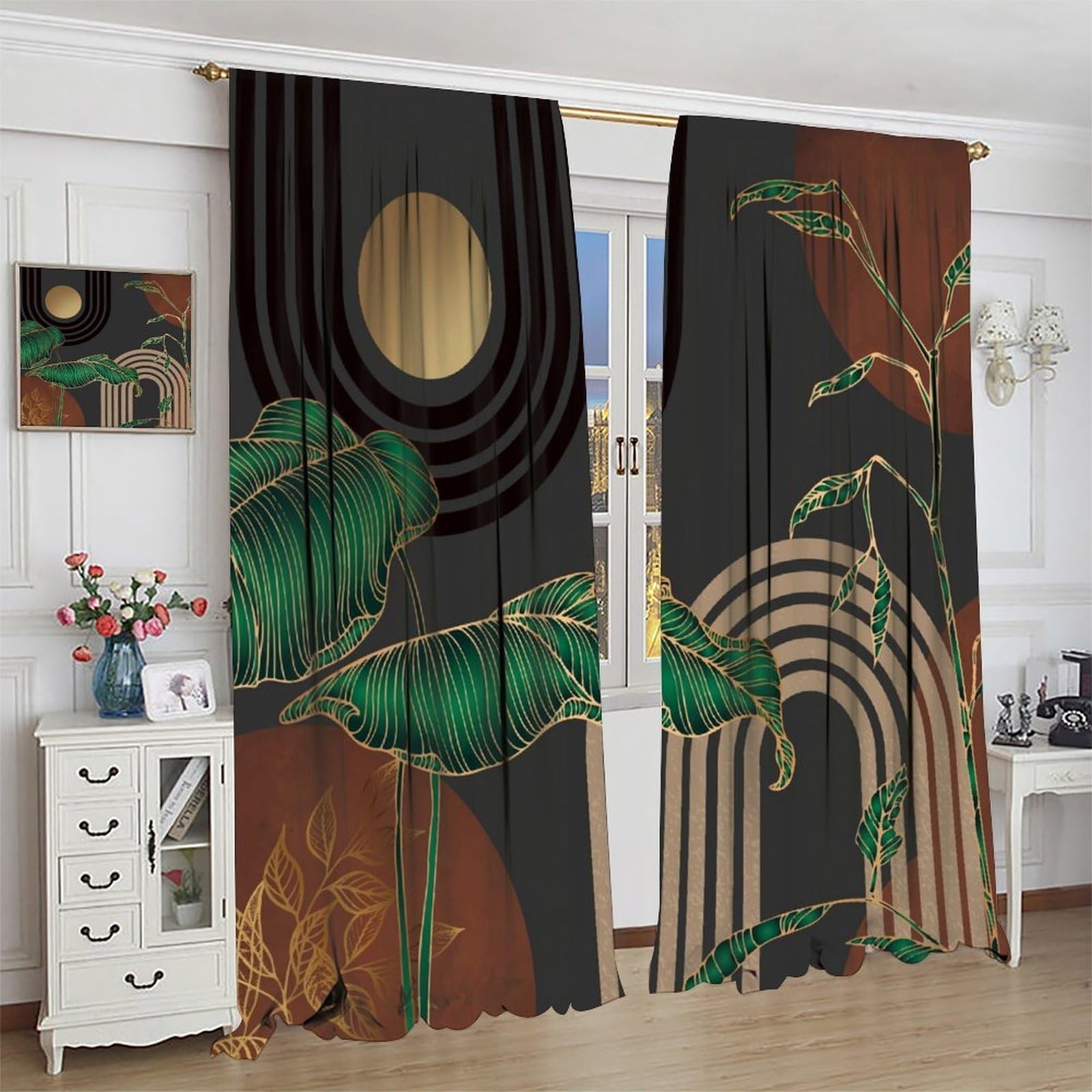 Dark Brown Mid Century Curtains,Boho Abstract Retro Palm Leaves Modern Art Pr…