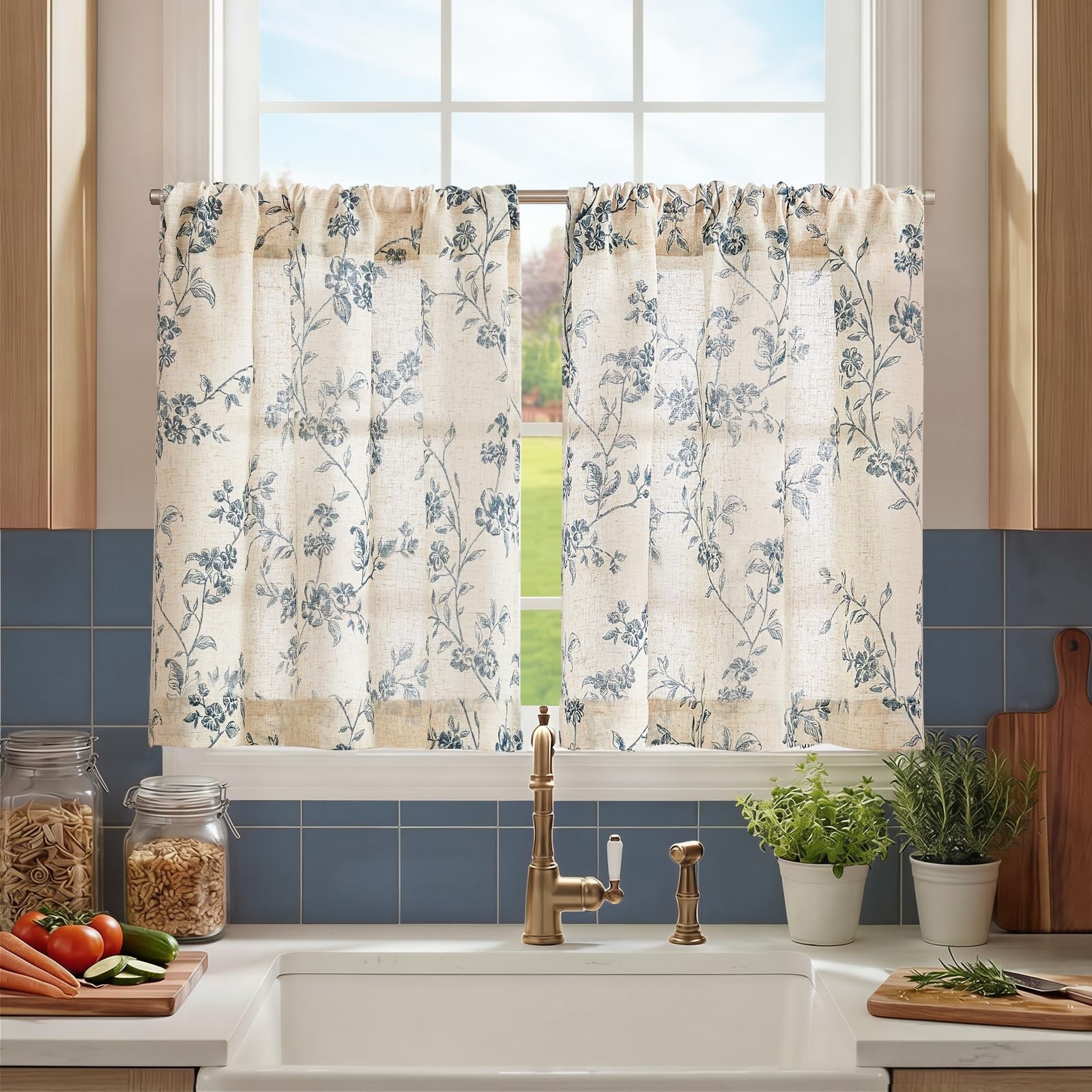 jinchan Floral Kitchen Curtains 30 Inch Linen Tier Curtains Farmhouse Cafe Ha…