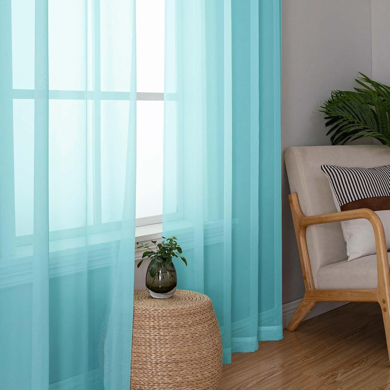 Aqua Sheer Curtains for Bedroom 54 Inch Length 2 Pcs, Rod Pockets Solid Color Wi