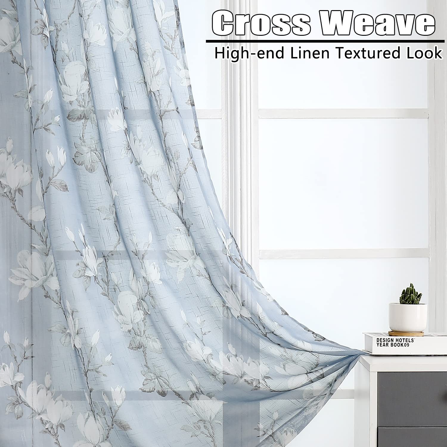 Blue Floral Semi Sheer Curtains 63 Inch 2 Panels