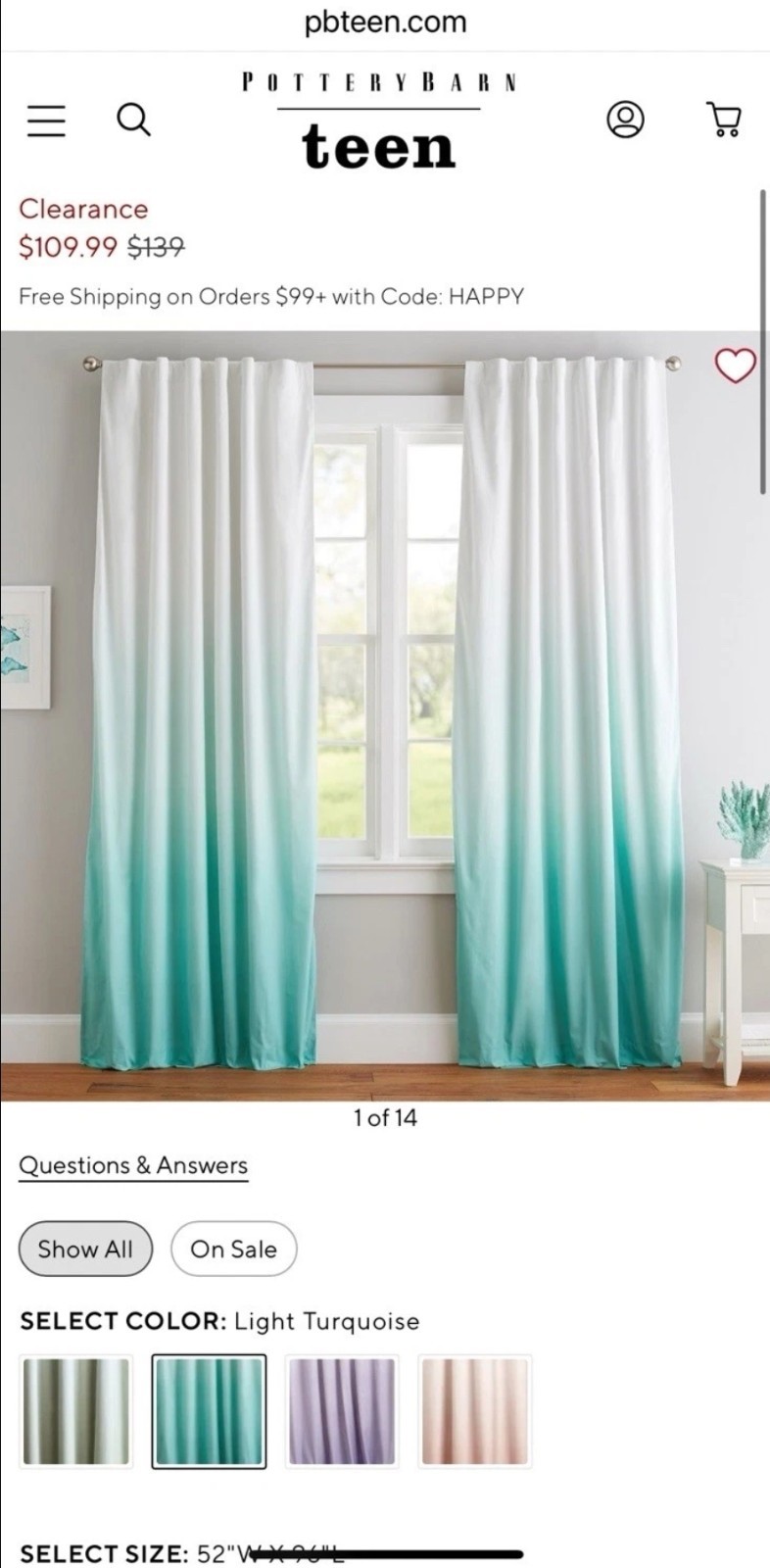 PBteen Pottery Barn Teen Blackout Curtains Set Of 3 Panels Teal Ombre 52×84″