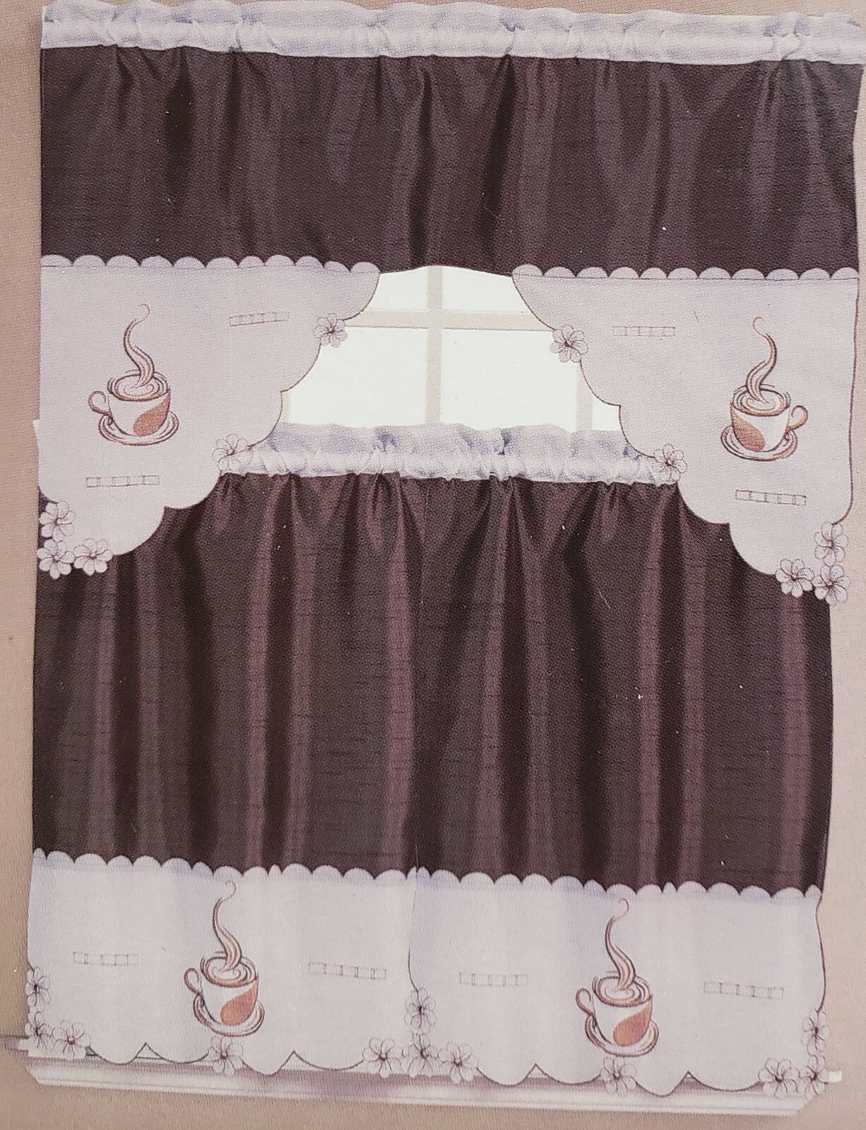 3pc. Embroidered Curtains Set: 2 Tiers & Swag (60″x36″) VIVIVD COFFEE CUP, OG,RT