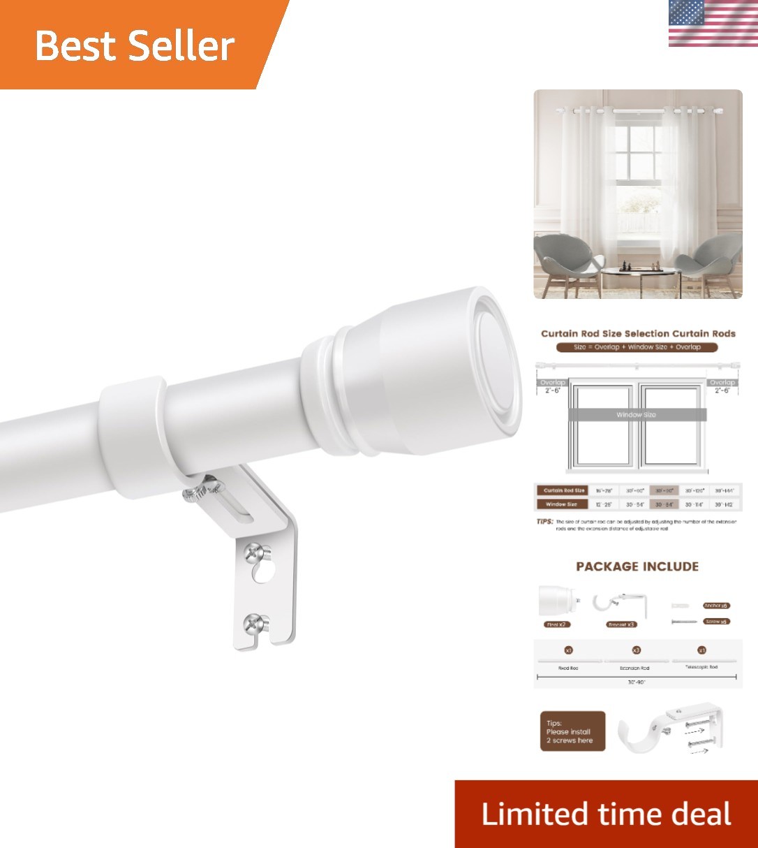 1” Diameter Curtain Rods Itself is 30 to 90 inch 1 Pack Fit 30-84 inch Window…