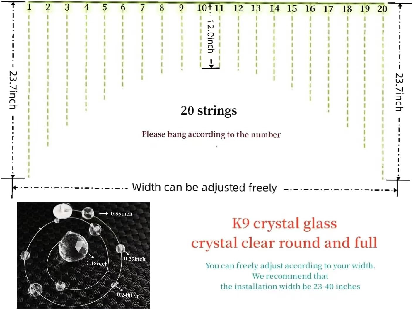 Hanbinsen 20 Strings Crystal Beaded Curtain, Arched Door String Curtain, Hanging