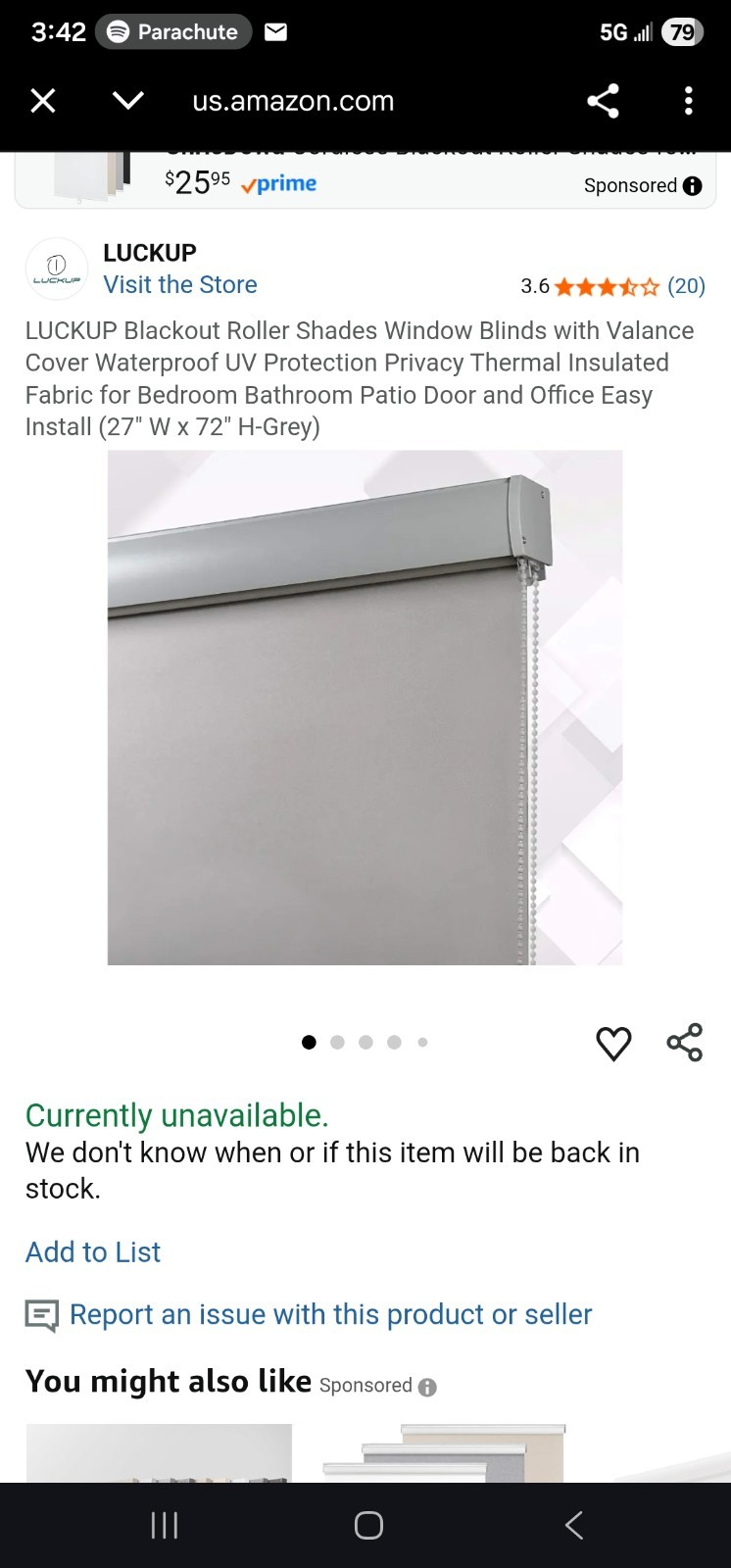 Luckup Blackout Roller Shade 20″w X 72″L (White)