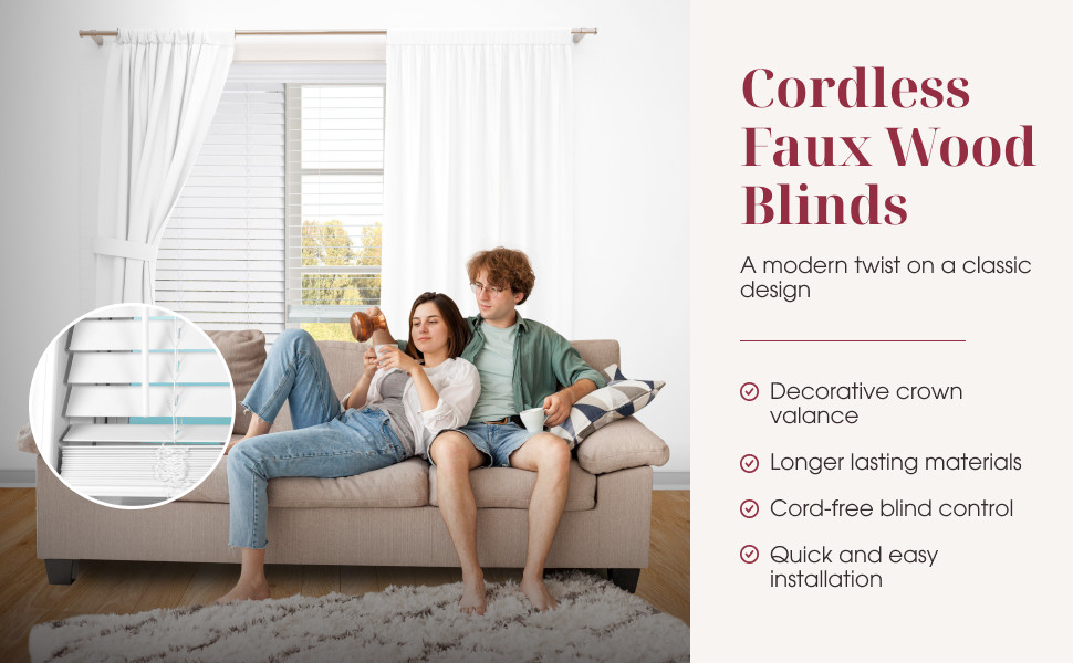 Faux Wood Blinds, 2″ Cordless Horizontal Blinds with Crown Valance, 70.25″W x