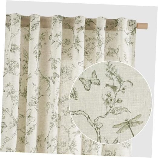 Linen Green Floral Curtains 96 Inch 50″W x 96″L (Pack of 2) *Green on Beige