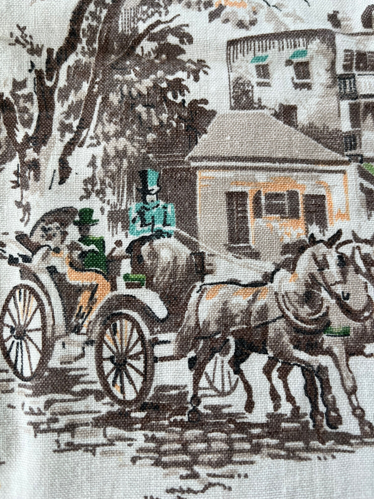 Vintage Toile Drapery Curtains Cottage Decor Horse Buggy Victorian A50
