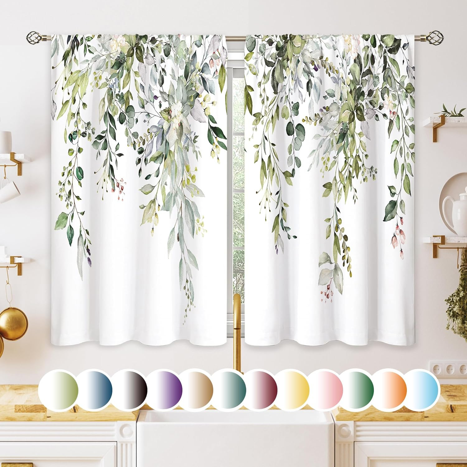 Eucalyptus Botanical Leaves Floral Kitchen Window Curtains over Sink Boho Farmho
