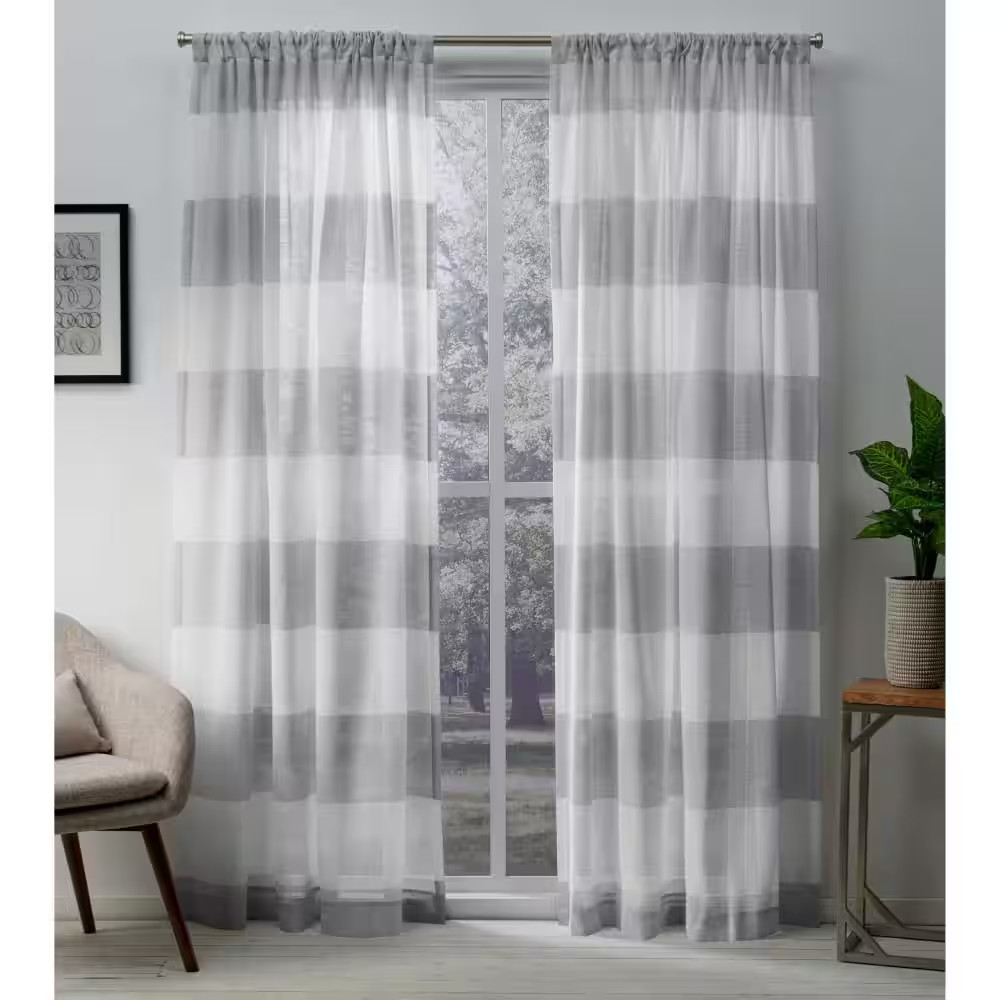 Darma Dove Grey Stripe Sheer Rod Pocket Curtain, 50 In. W X 96 In. L (Set of 2)