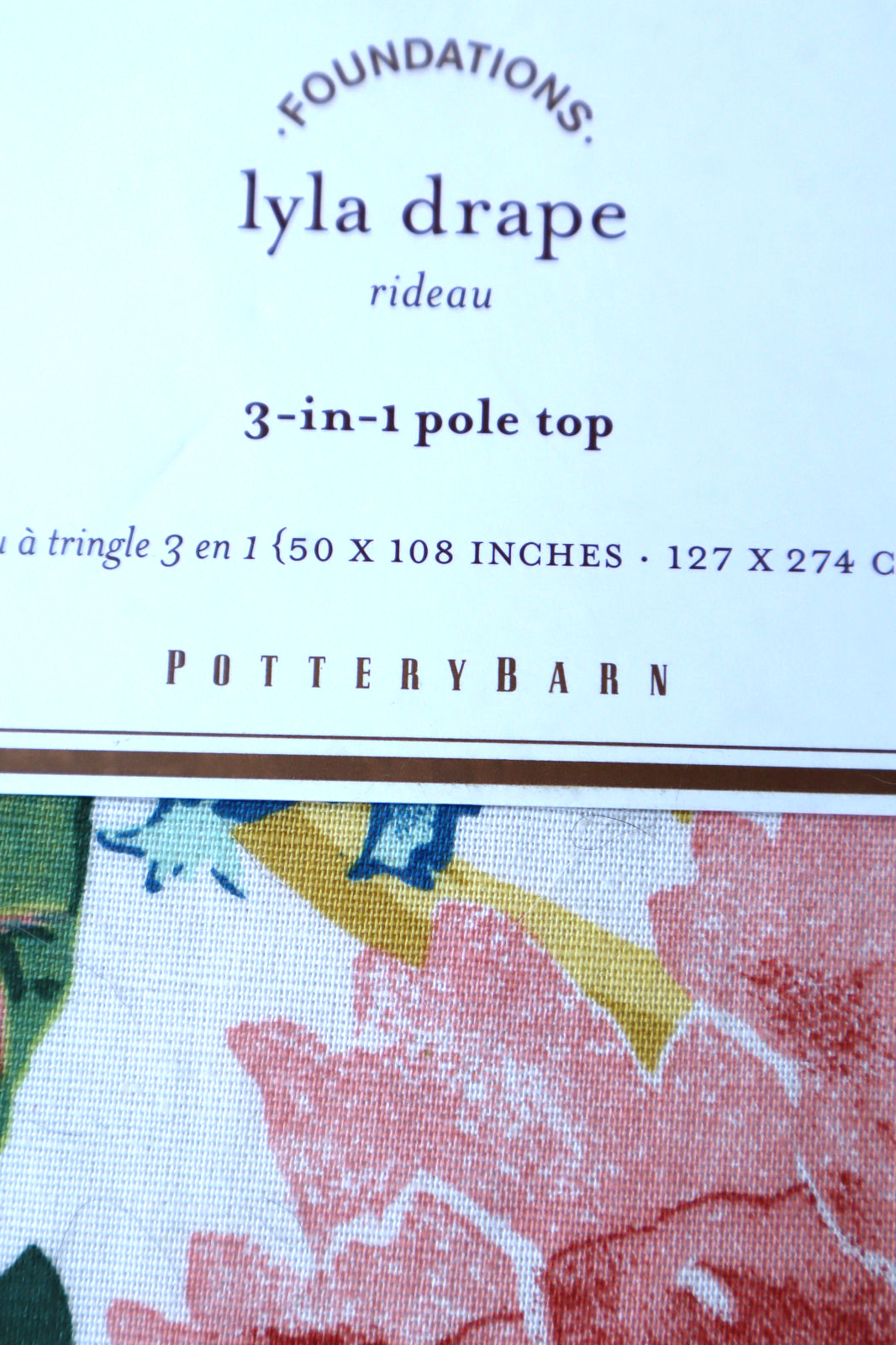 POTTERY BARN LYLA DRAPE L3-in-1 Pole Top, 1 Panel 50 x 108 Inches