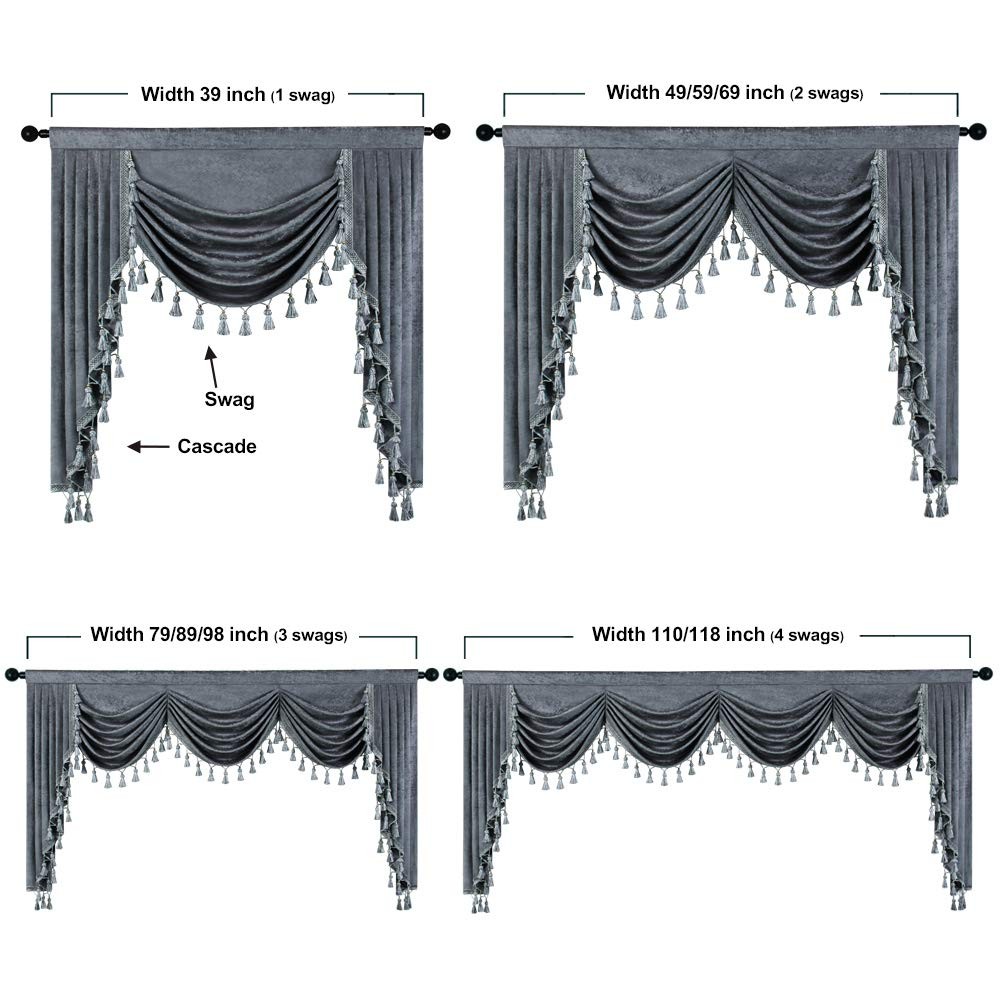 ELKCA Grey Chenille Swag Waterfall Window Curtains Valance for Living Room Moder
