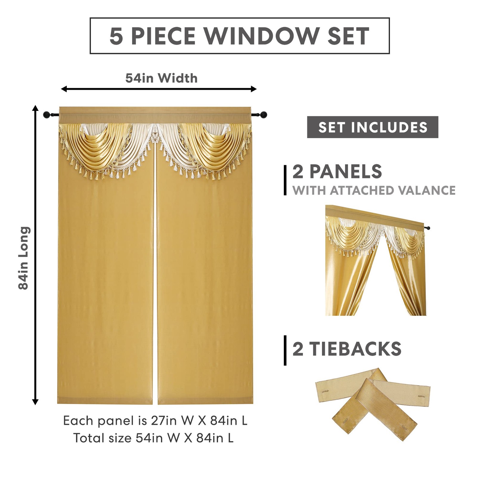 Amore Curtains 5-Piece Window Curtain Set – 54-Inch W x 84-Inch L Panels with At