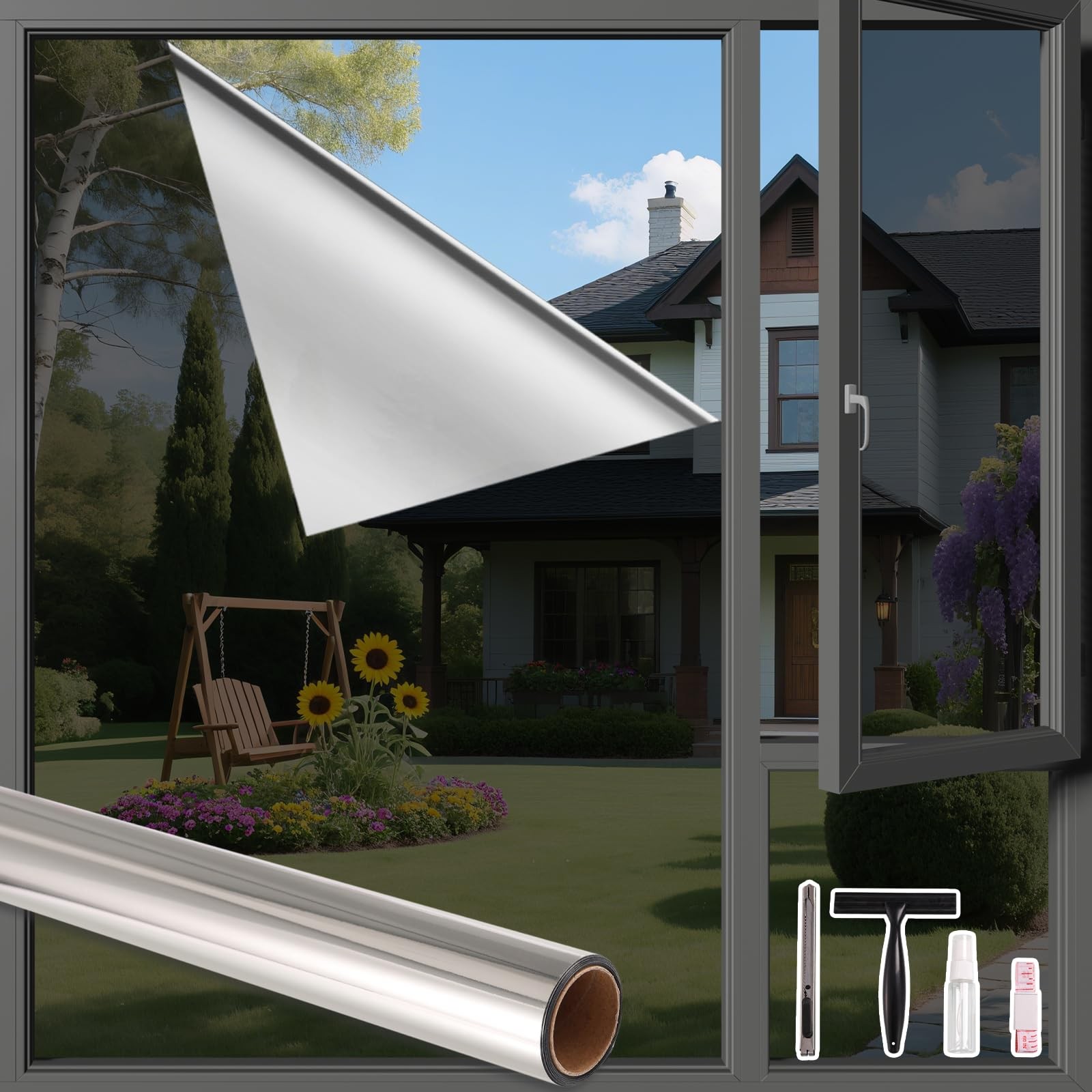 Finnez One Way Privacy Window Film 17.5 Inch x 6.5 Feet, Black Silver