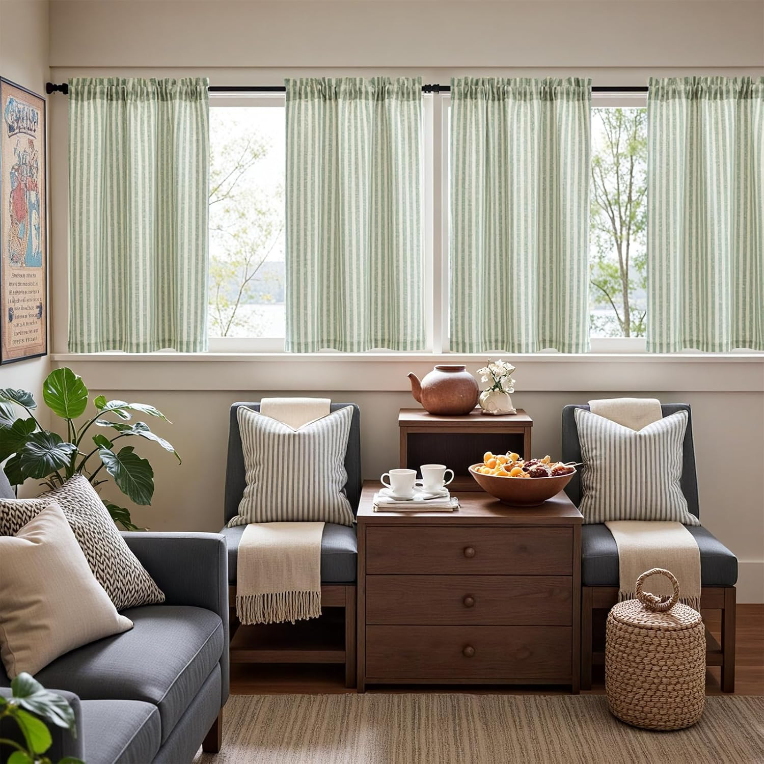 Jinchan Striped Linen Kitchen Curtains 36 Inches Length Tier Curtains Farmhouse