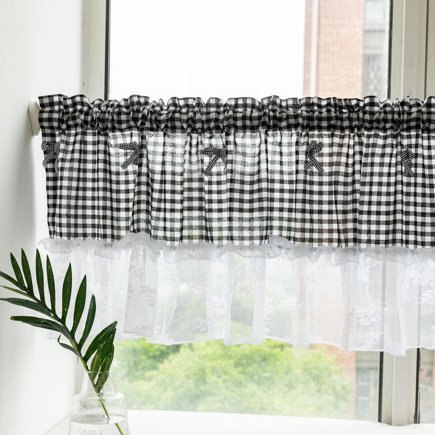 Black and White Buffalo Check Window Valances Floral Lace Semi Sheer Kitchen Cu
