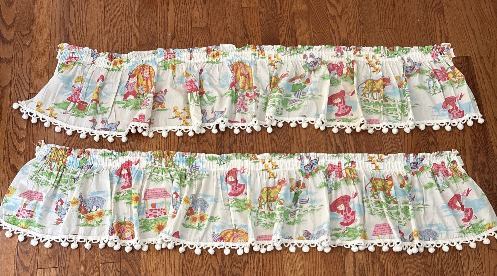 Vtg Kids Novelty Storybook Valance Lot 2 Handmade Rod Pocket Pom Pom Trim Retro