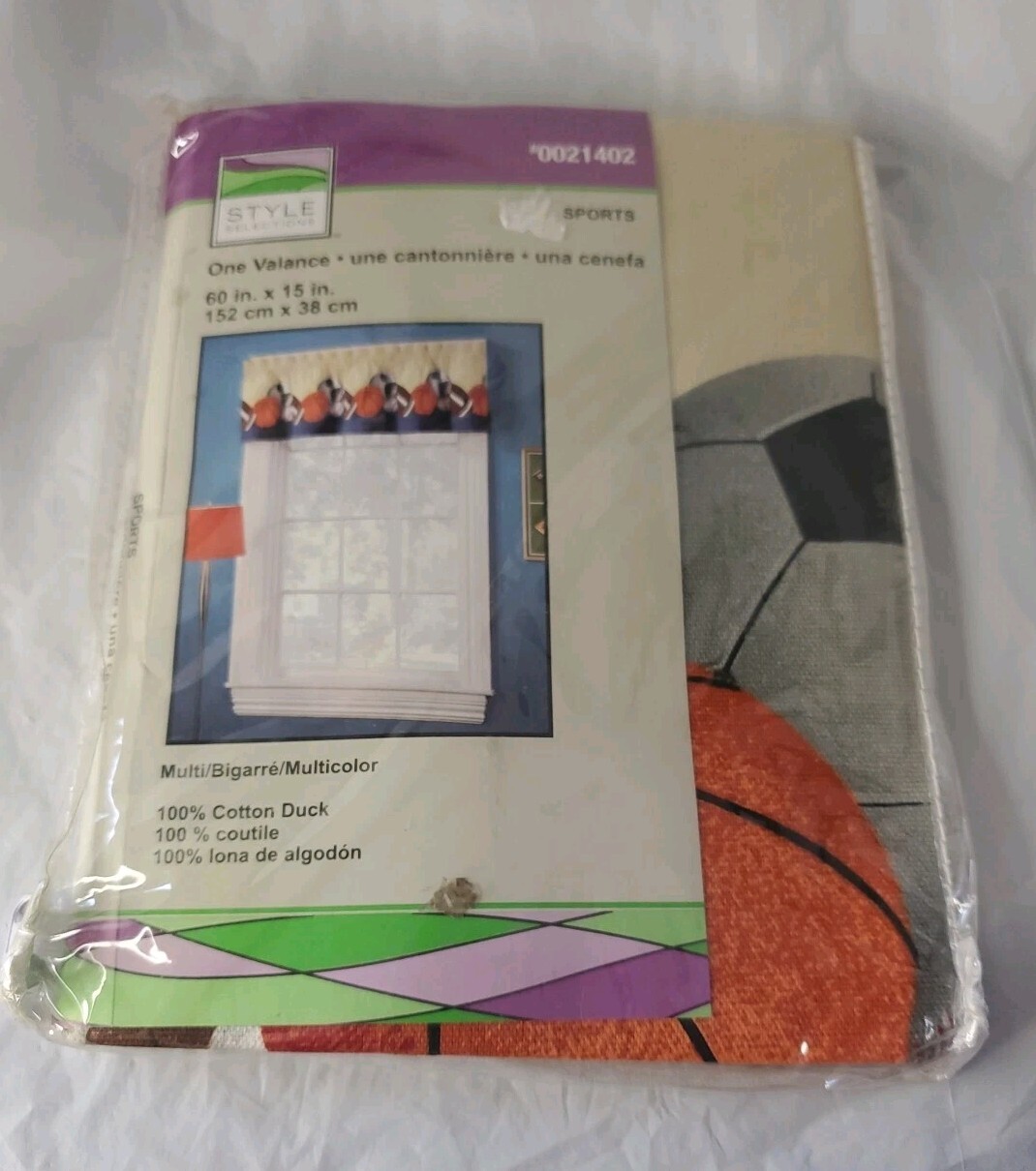 Style Selections Curtain Panel 60” X 15” 1 Valance Soccer Basketball Football