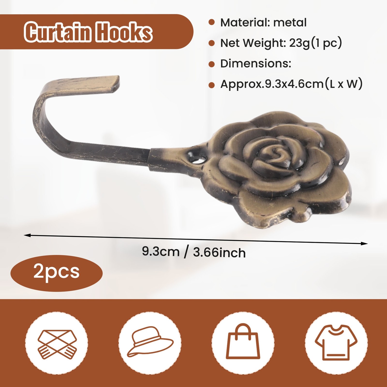 2Pcs Metal Rose Flower Curtain Tie Back Tieback Holders Wall Hooks Decor V7G3