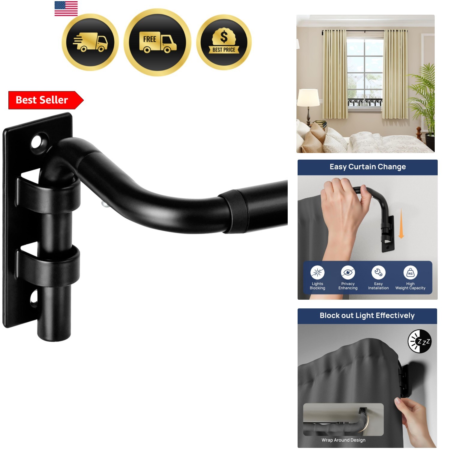 Blackout Curtain rod for windows 48 to 84, Wrap Around Curtain Rods for Bedro…