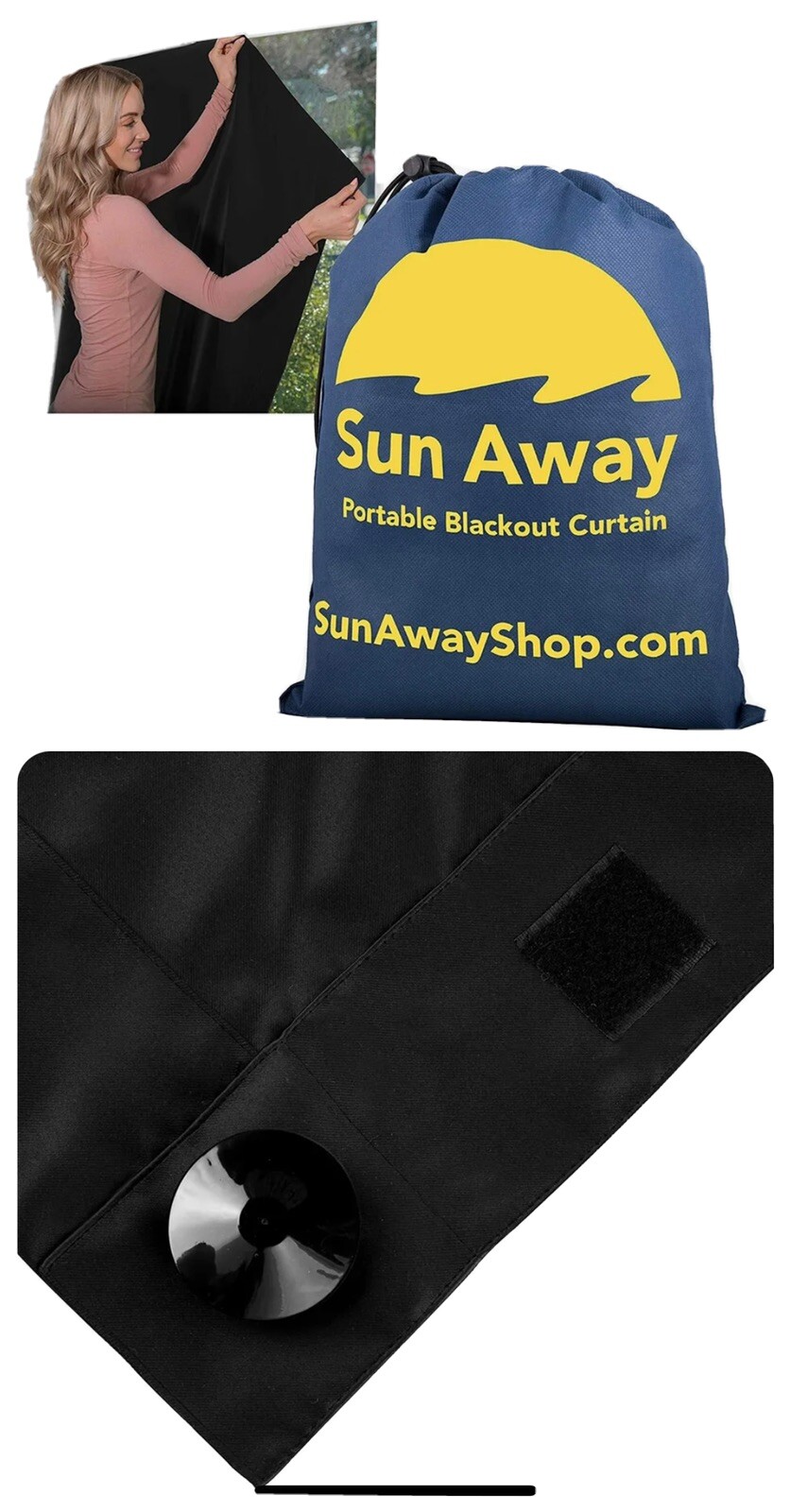 SUN AWAY Portable Blackout Curtain w/Window Suction Cups (Easy Install) (BLACK)