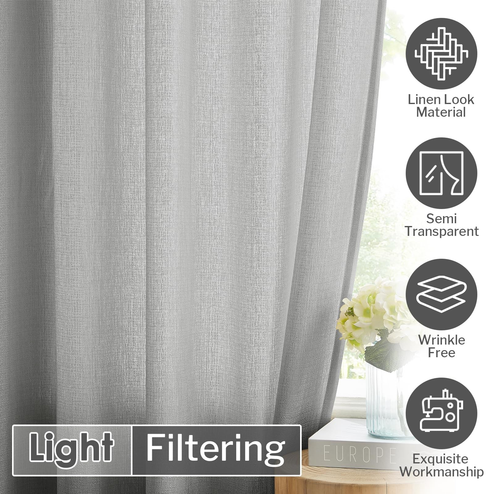 Gray Semi Sheer Curtains 84 Inches Long for Living Room, Bedroom Linen Look W…