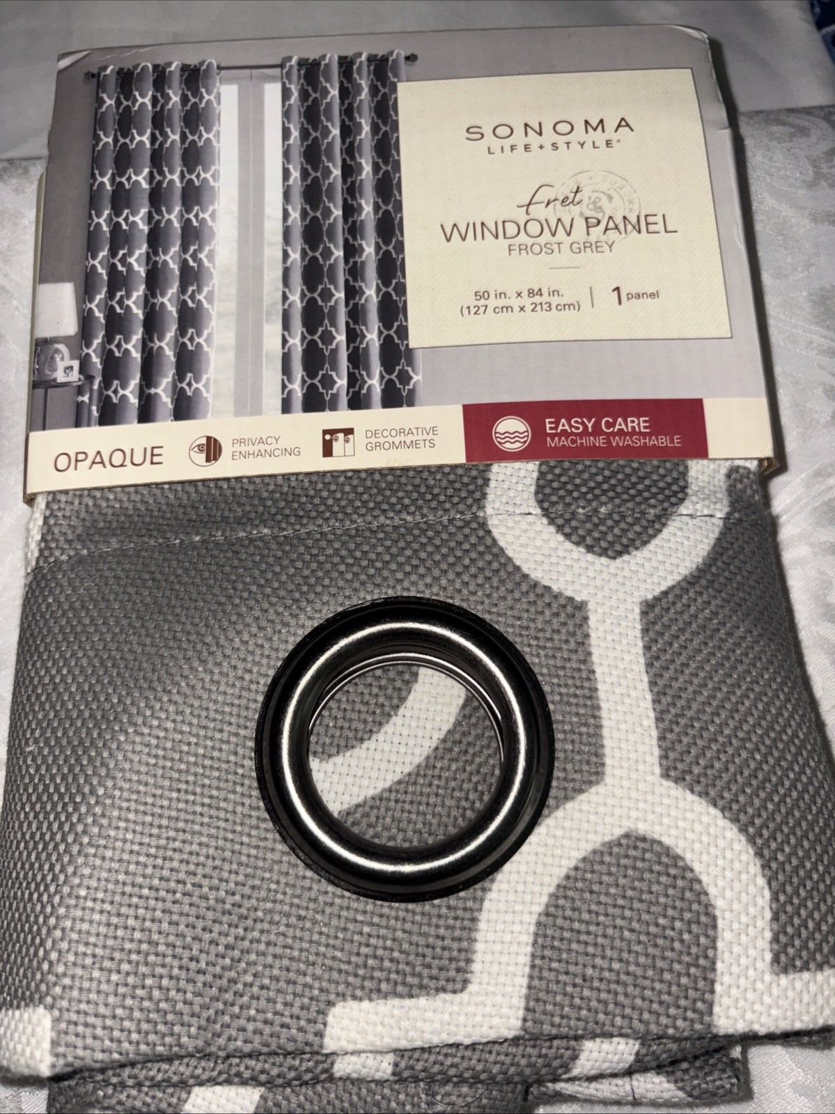 1 SONOMA Frost Grey Curtain Panel 50×84 White Gray Lattice Grommet Grommet