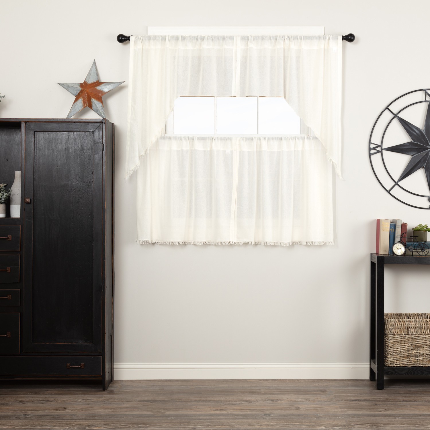Tobacco Cloth Antique White Set (2 Swag 36×16 ; 2 Tier 24×36) VHC Brands