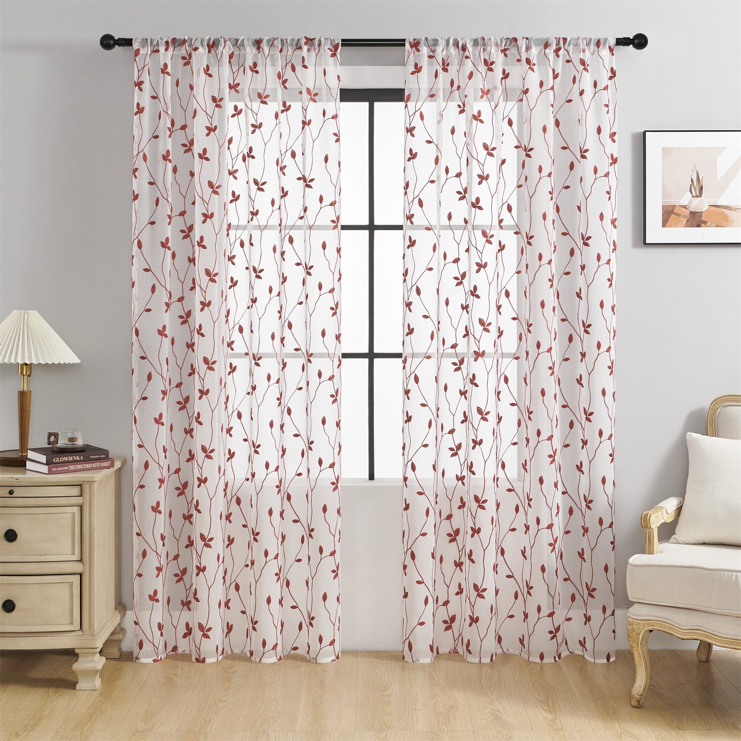 2 Panels Leaf Embroidered Sheer Curtains, Voile Rod Pocket Textured Drapes