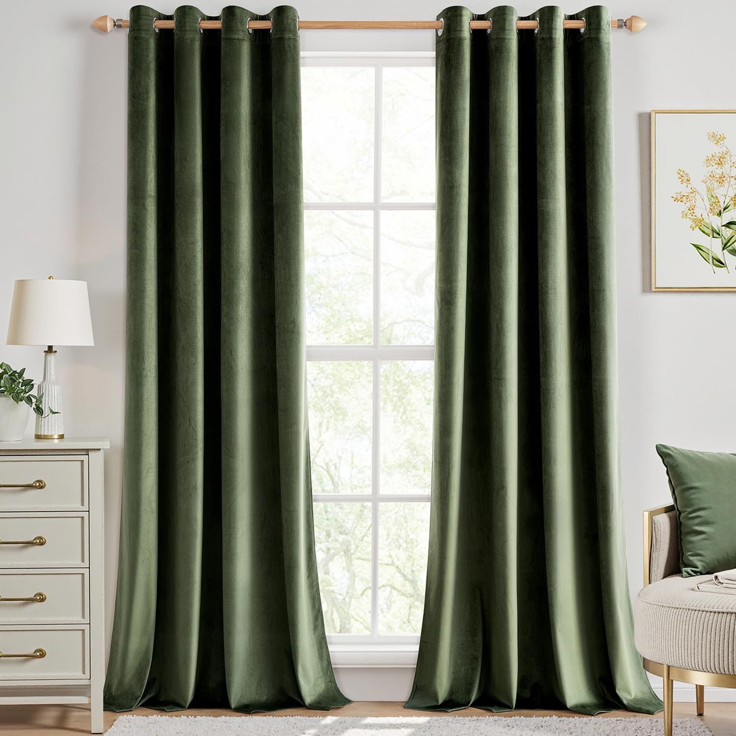 Olive Green Velvet Curtains 108 Inches Long Blackout Thermal Insulated Soundp…