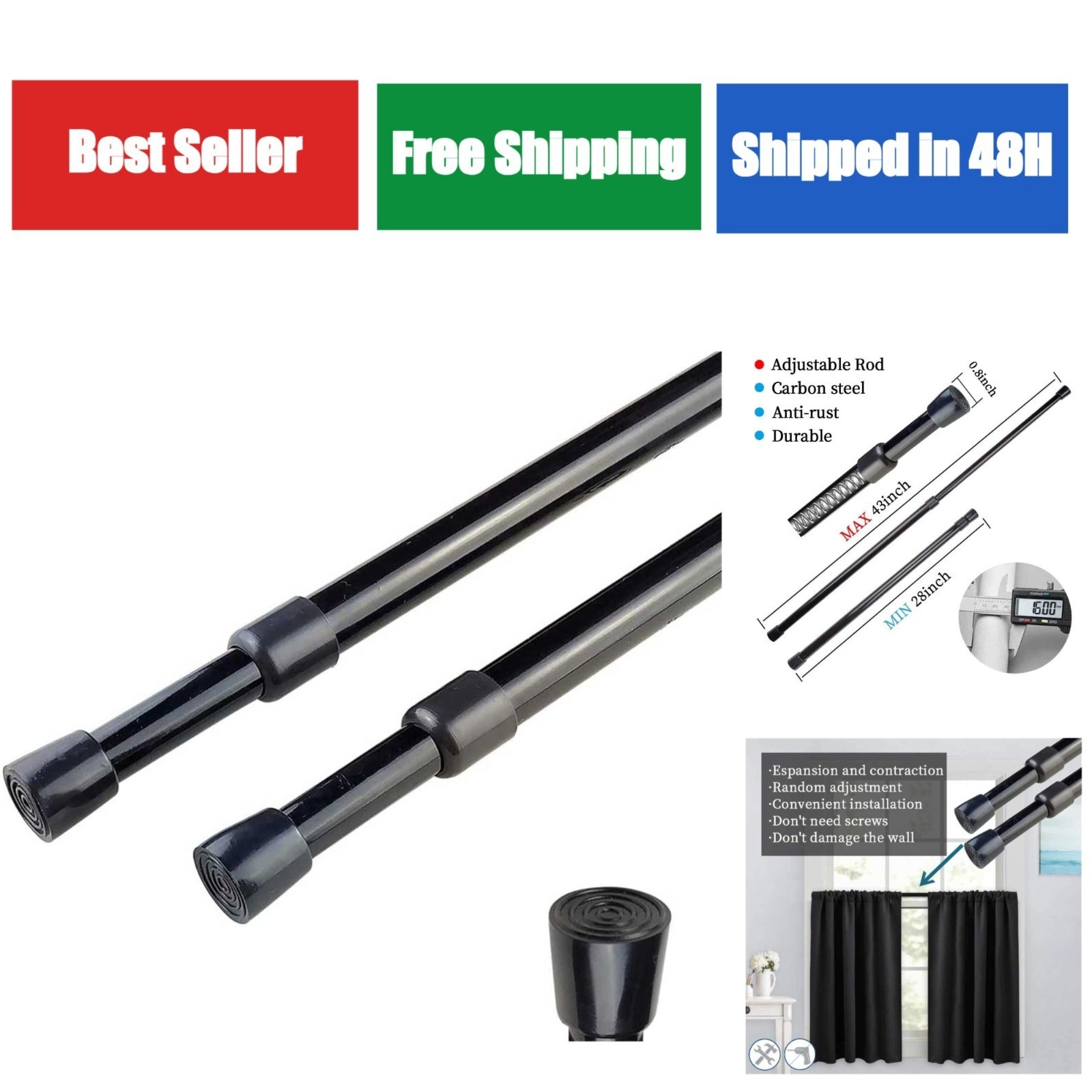 AIJIEGUANG Adjustable Spring Tension Curtain Rod 28-43″ Black – 2 Pack