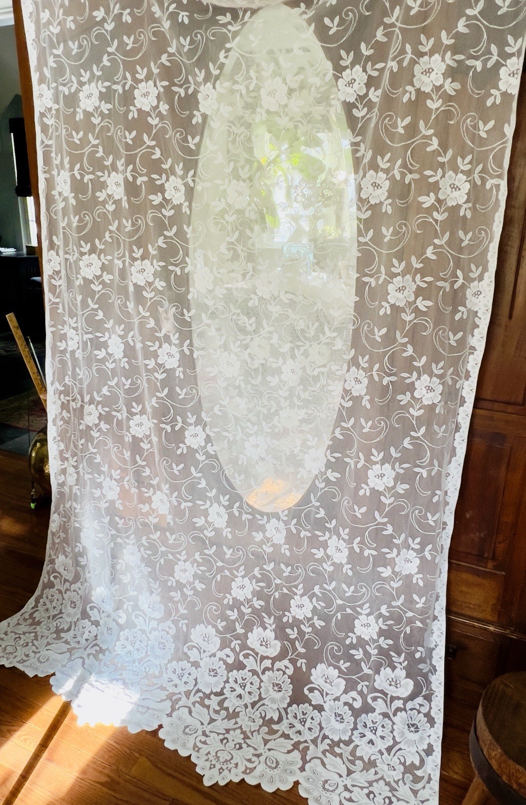 IVORY OFF WHITE HEAVY ROSE FLORAL SCALLOPED LACE CURTAIN PAIR JCPENNEY 56×86