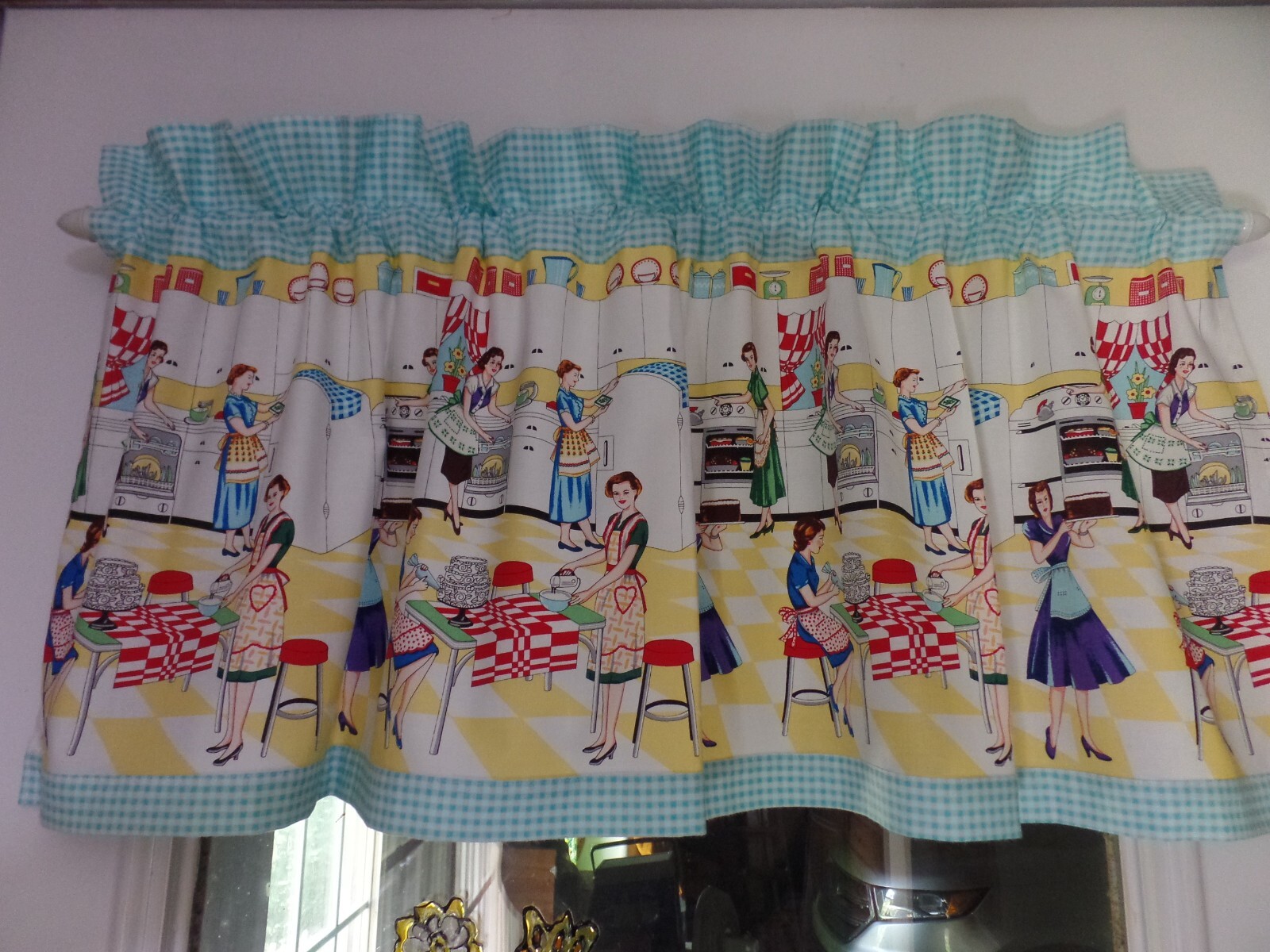 1950’s RETRO Kitchen Valances, Home Ec, Women Working In Aprons In Kitchen, Aqua